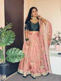 Peach-Pink Silk Half Saree with Green Blouse – Image 2