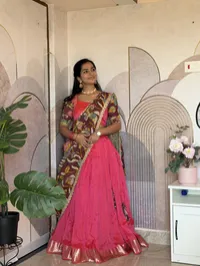 Vibrant Pink Silk Half Saree with Maroon Floral Dupatta – Image 2