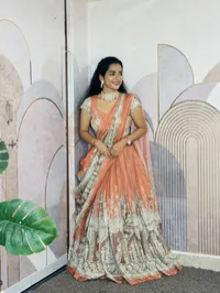 Peach Orange Embroidered Half Saree with Ivory Border – Image 1