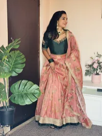 Peach-Pink Silk Half Saree with Green Blouse – Image 1