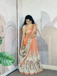 Peach Orange Embroidered Half Saree with Ivory Border – Image 2