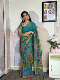 Teal Green Floral Printed Saree with Embroidered Blouse – Image 1