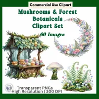 Forest Mushroom & Botanical Clipart Bundle: 60 Watercolor PNG Woodland Nature Elements – Image 1