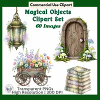 Enchanted Forest Magical Objects Clipart Bundle: 60 Watercolor PNG Fantasy Elements – Image 1