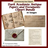 Dark Academia Antique Papers Bundle, Aged Documents Clipart Set, Gothic Journal Elements – Image 1