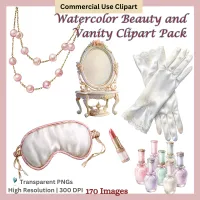 Watercolor Beauty and Vanity Clipart PNG Bundle | Makeup & Perfume Graphics | Feminine Vintage Accessories – Image 3