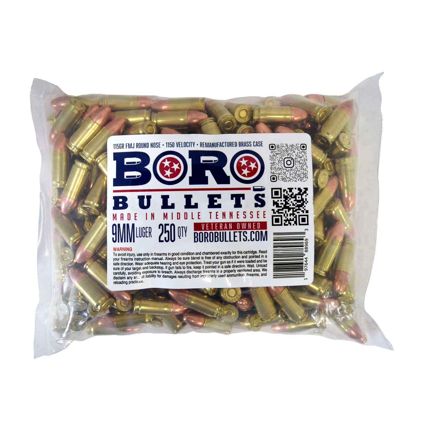 9MM Luger – 250 Rounds, Remanufactured Brass, 115