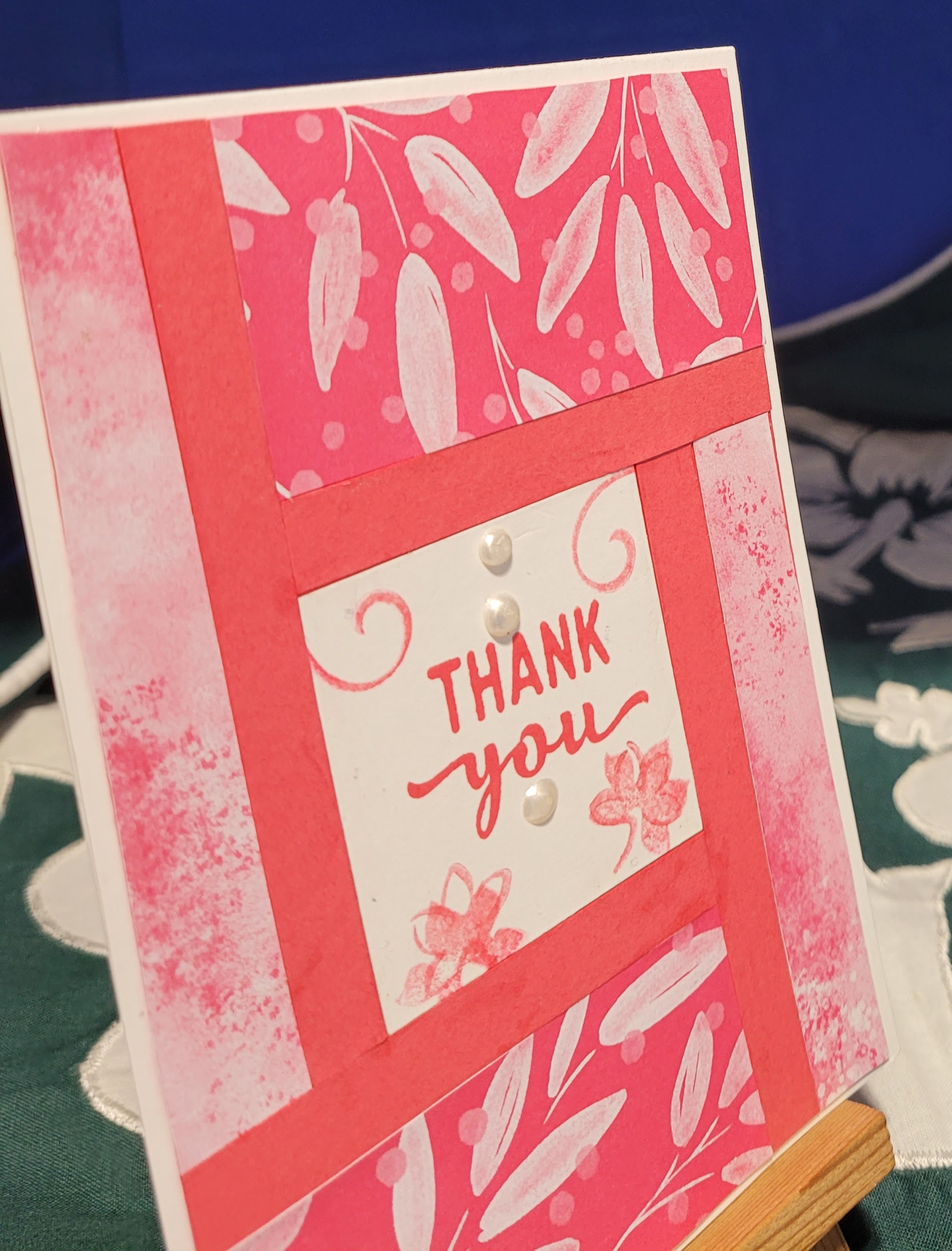 Y2 - Handcrafted Thank You Card - Pink Patchwork Leaves & White Studs – Image 2