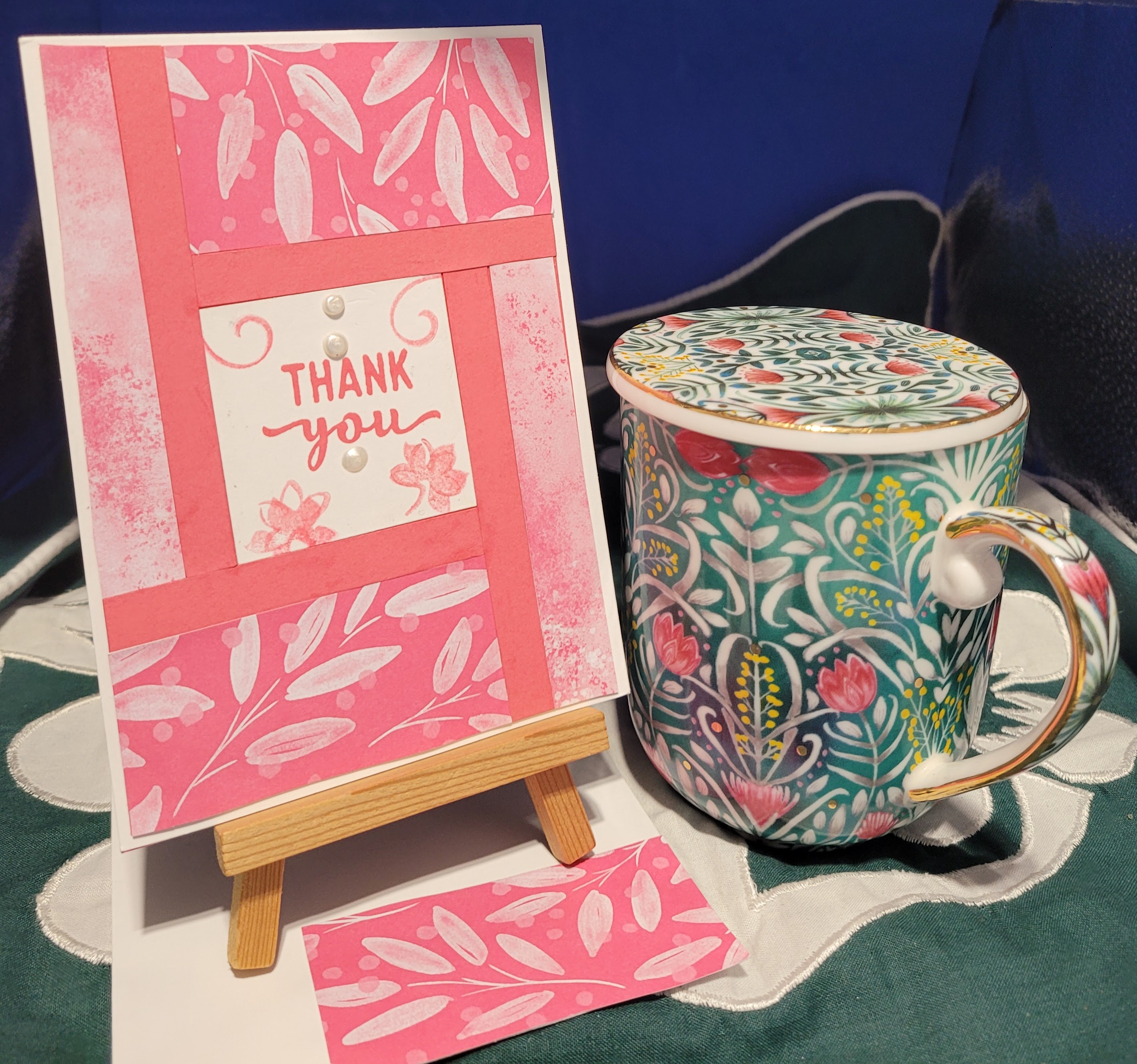 Y2 - Handcrafted Thank You Card - Pink Patchwork Leaves & White Studs – Image 1