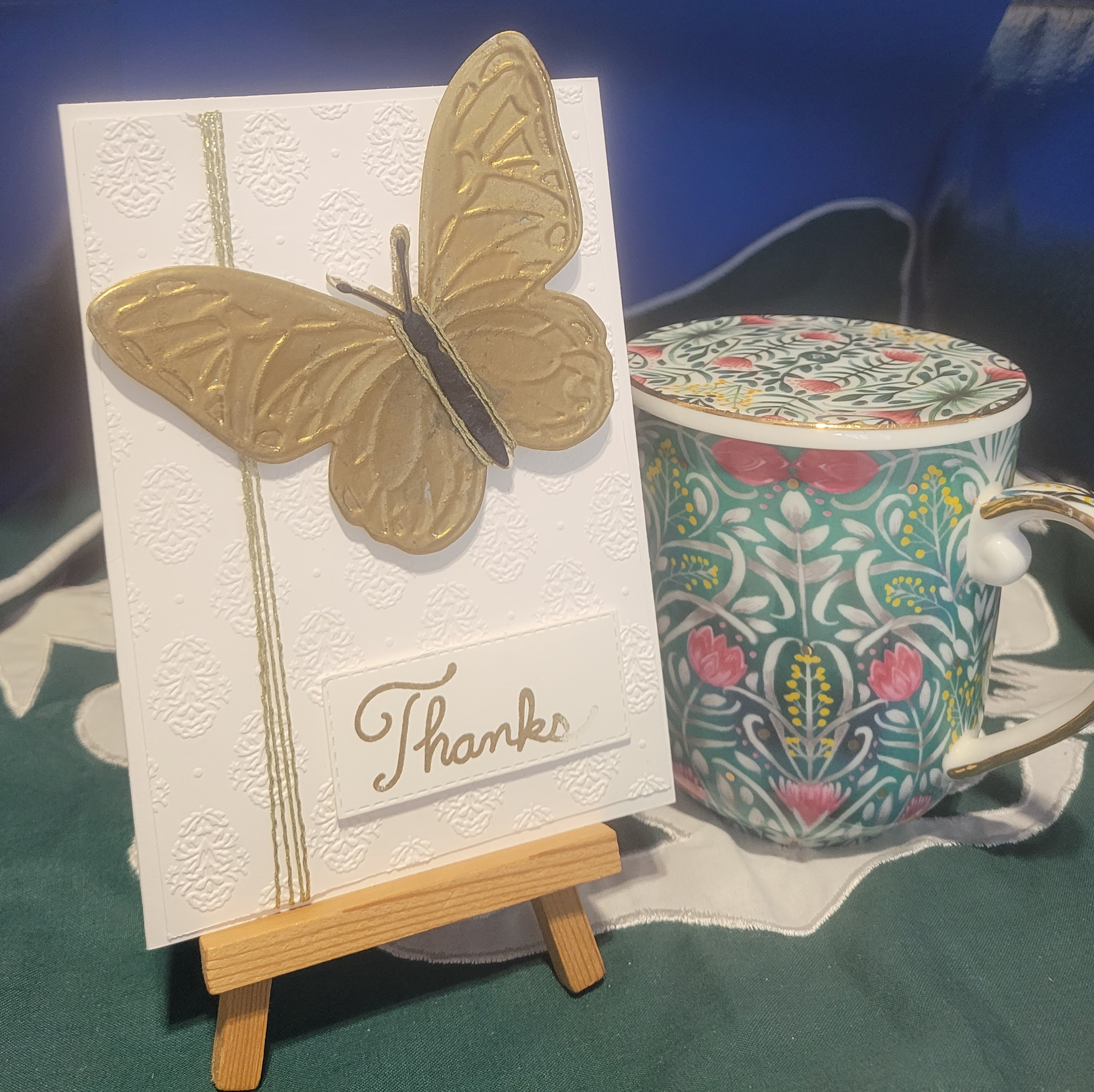 Y19 - Handcrafted Thank You Card - Luxury Damask Embossed & Gold Butterfly – Image 1