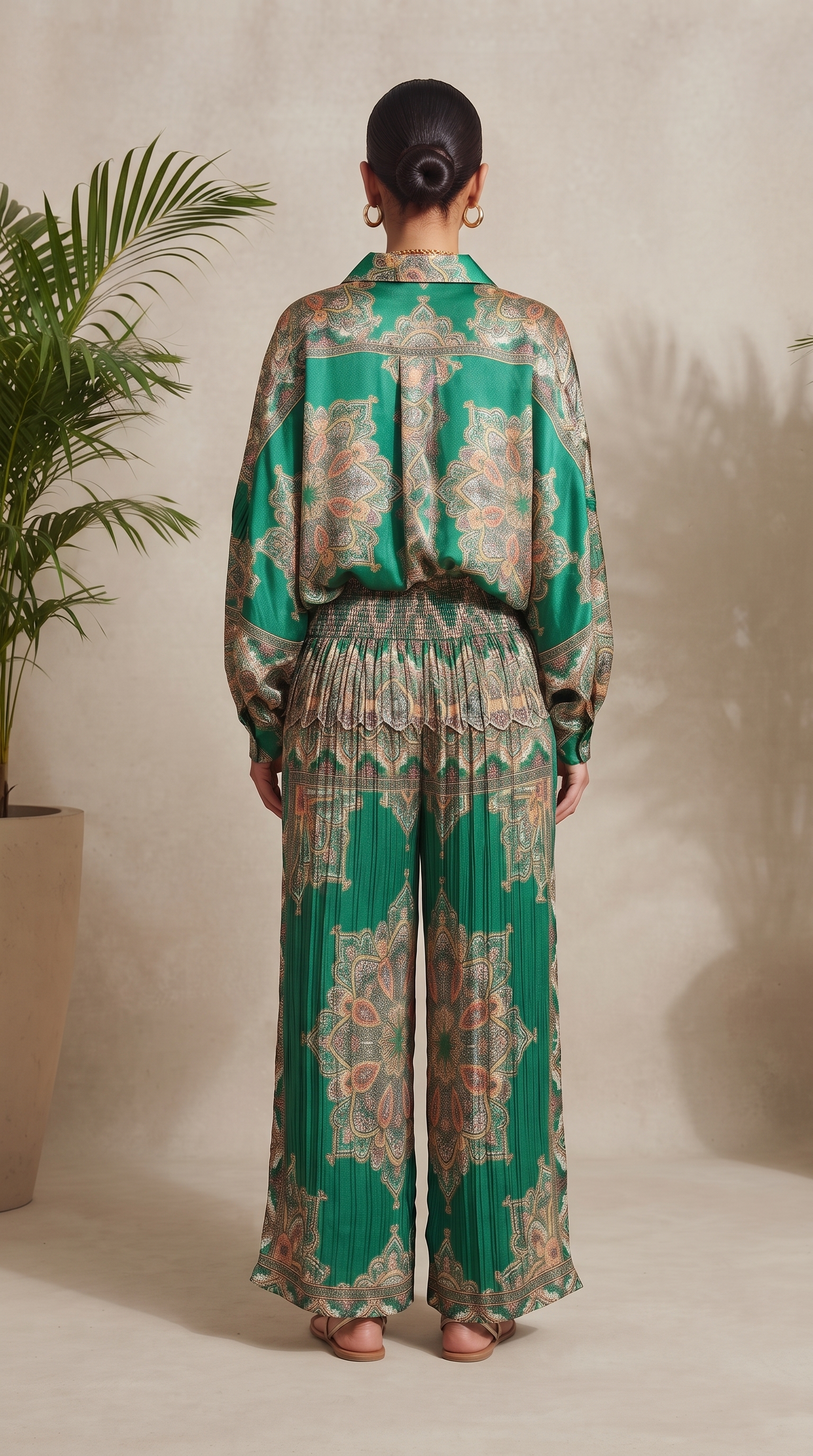 Emerald Ornamental Silk Top & Pleated Pants Set – Image 2