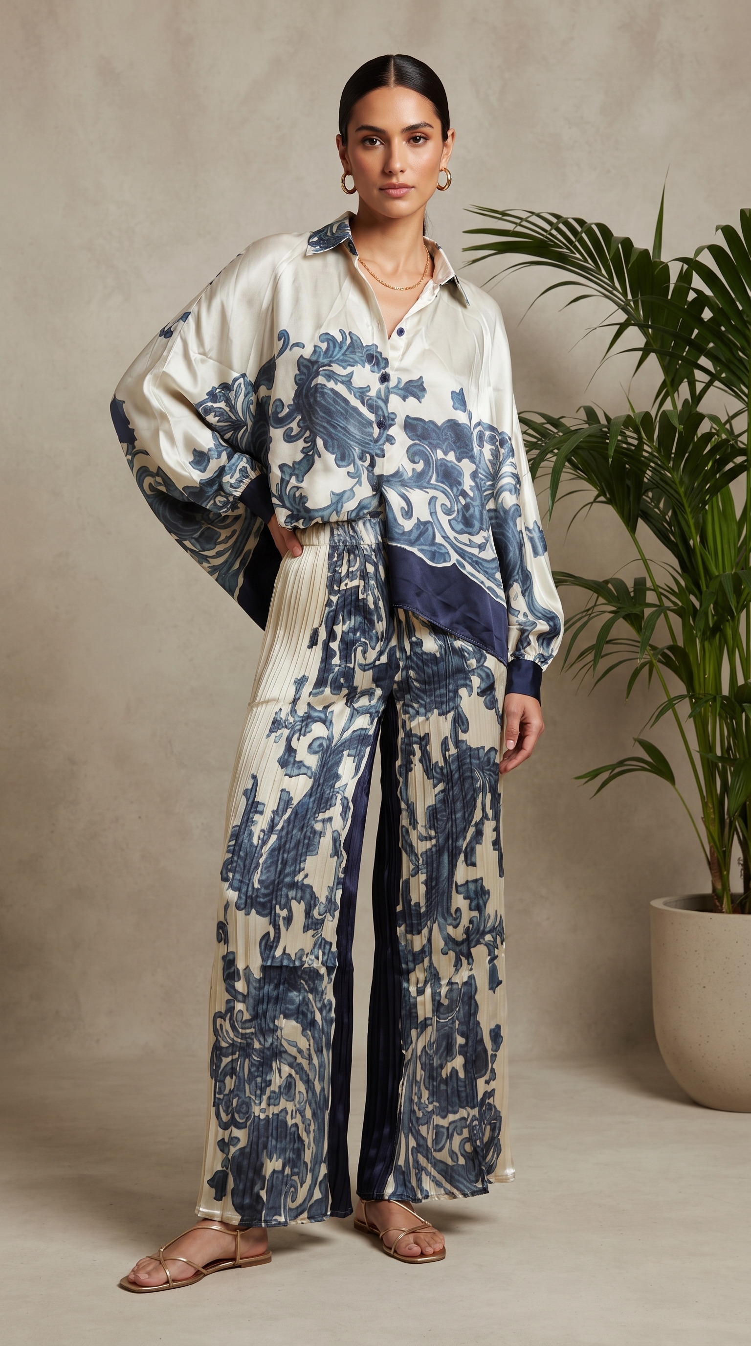 Ivory & Navy Baroque Silk Top & Pleated Pants Set – Image 2