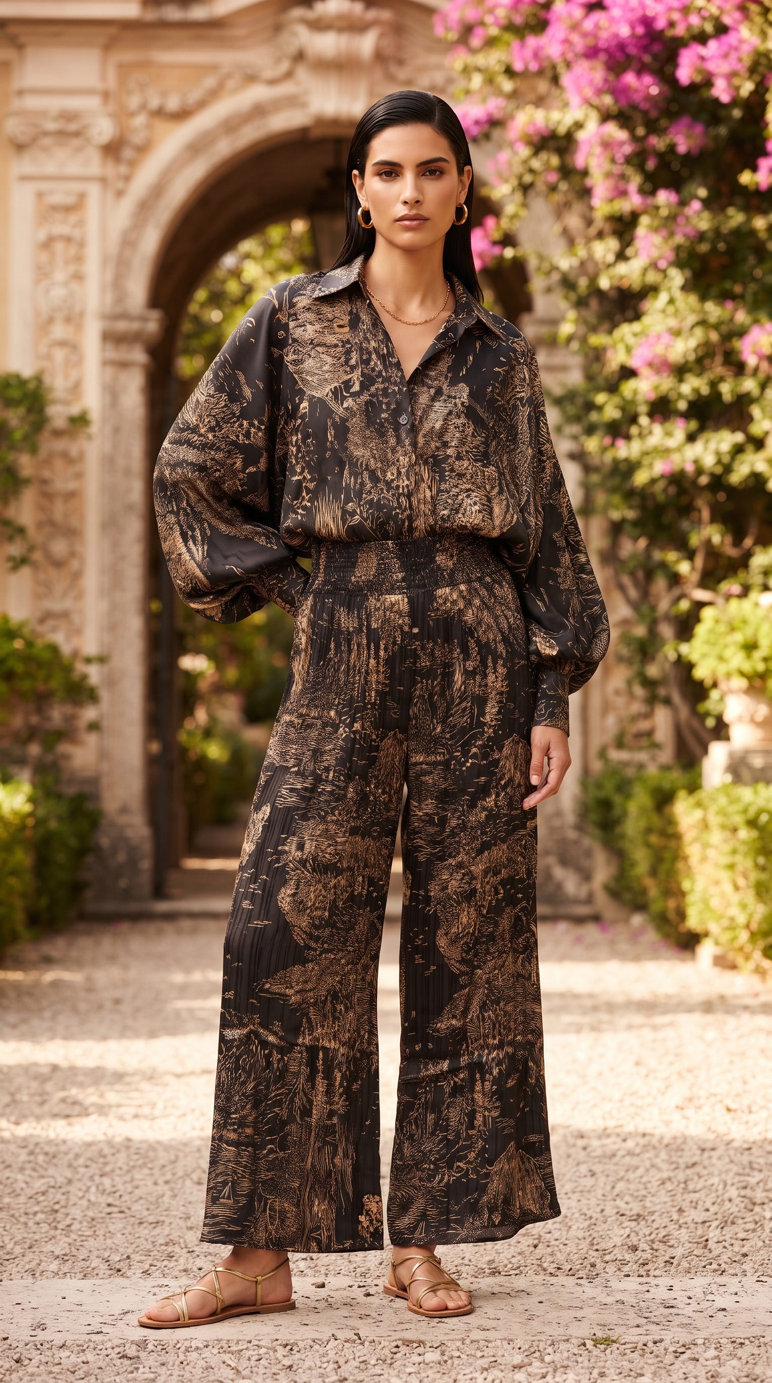 Black Safari Print Silk Top & Pleated Pants Set – Image 2