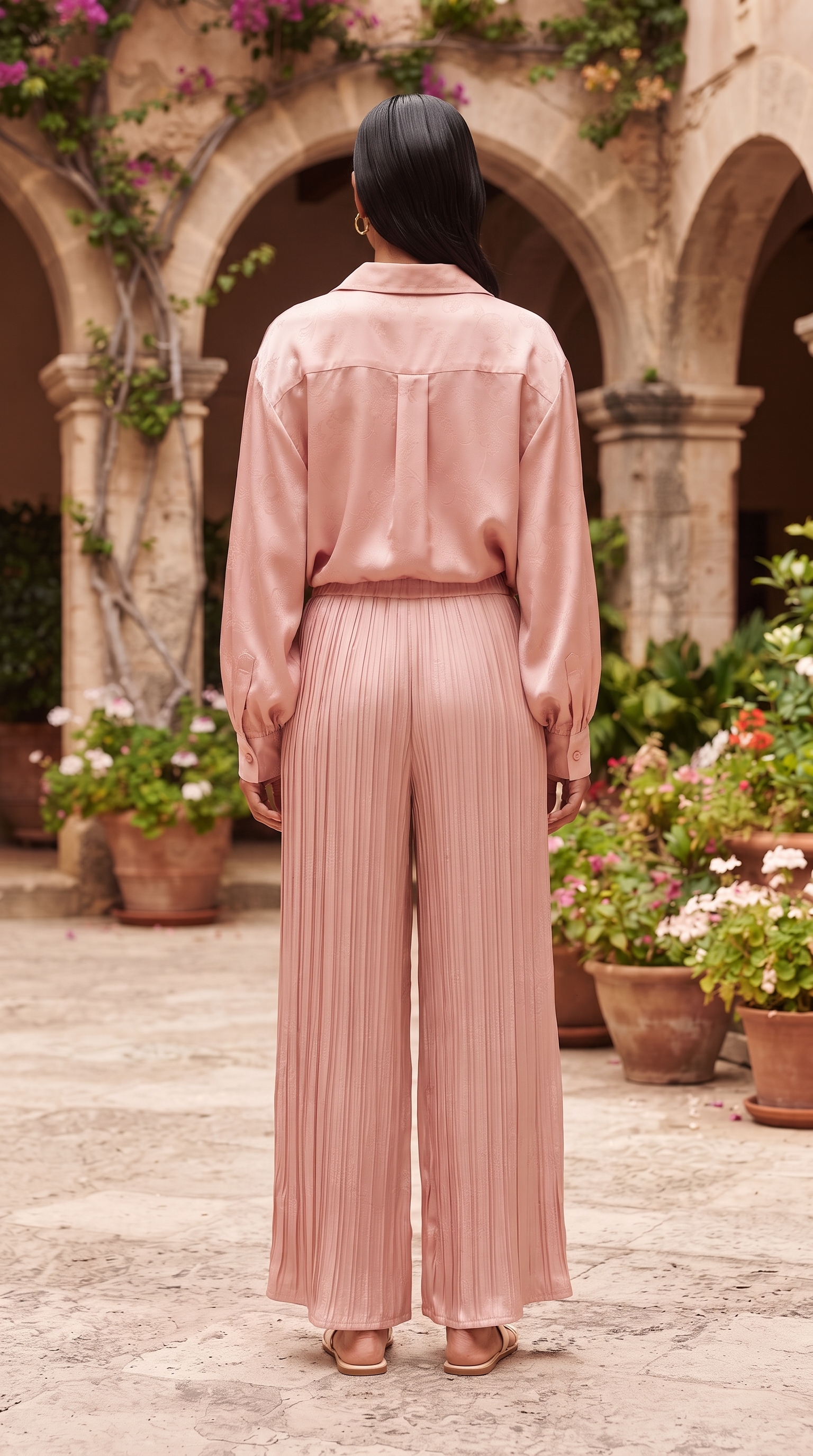 Blush Pink Jacquard Silk Top & Pleated Pants Set – Image 2