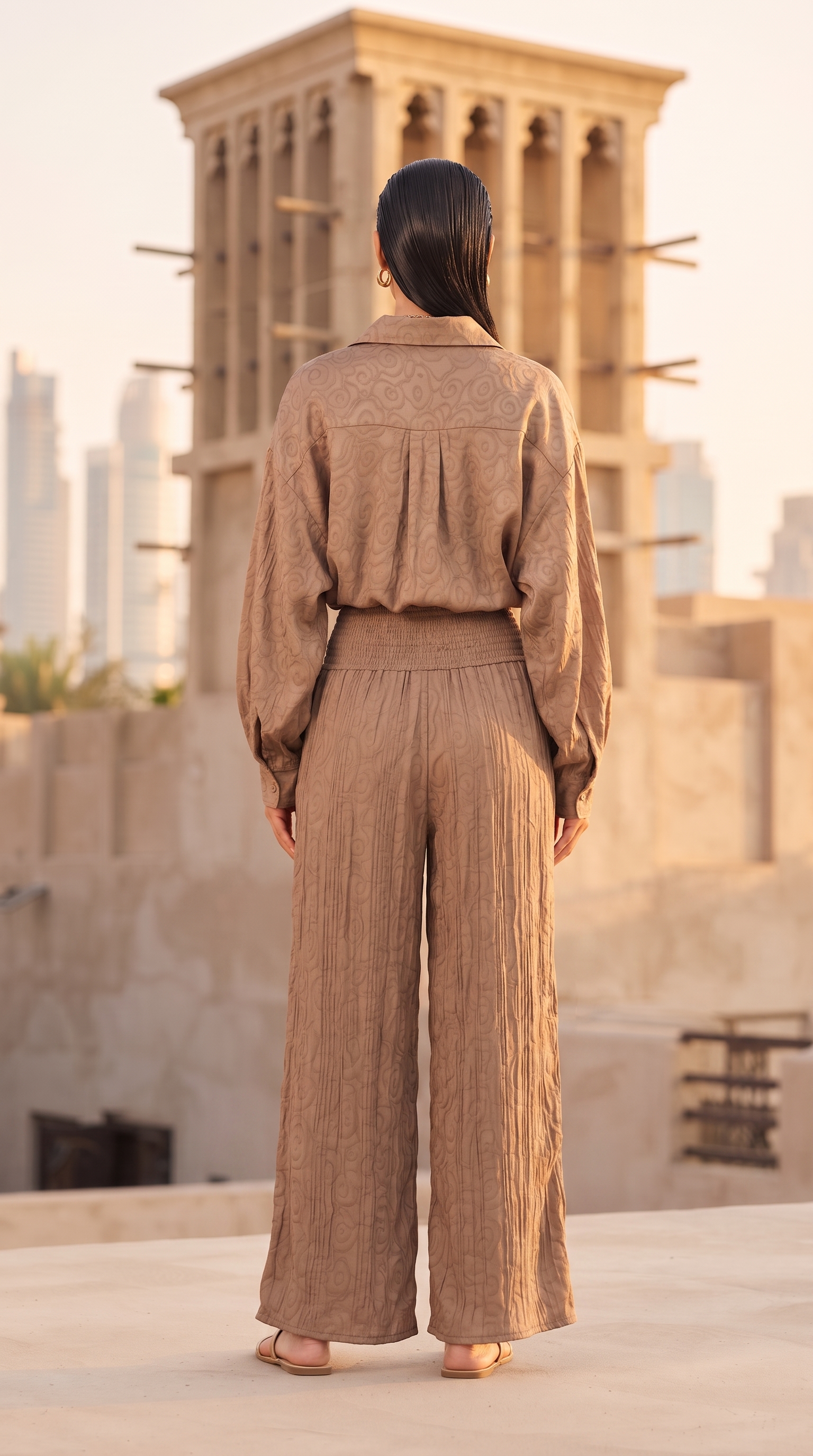 Mocha Paisley Jacquard Silk Top & Pleated Pants Set – Image 2