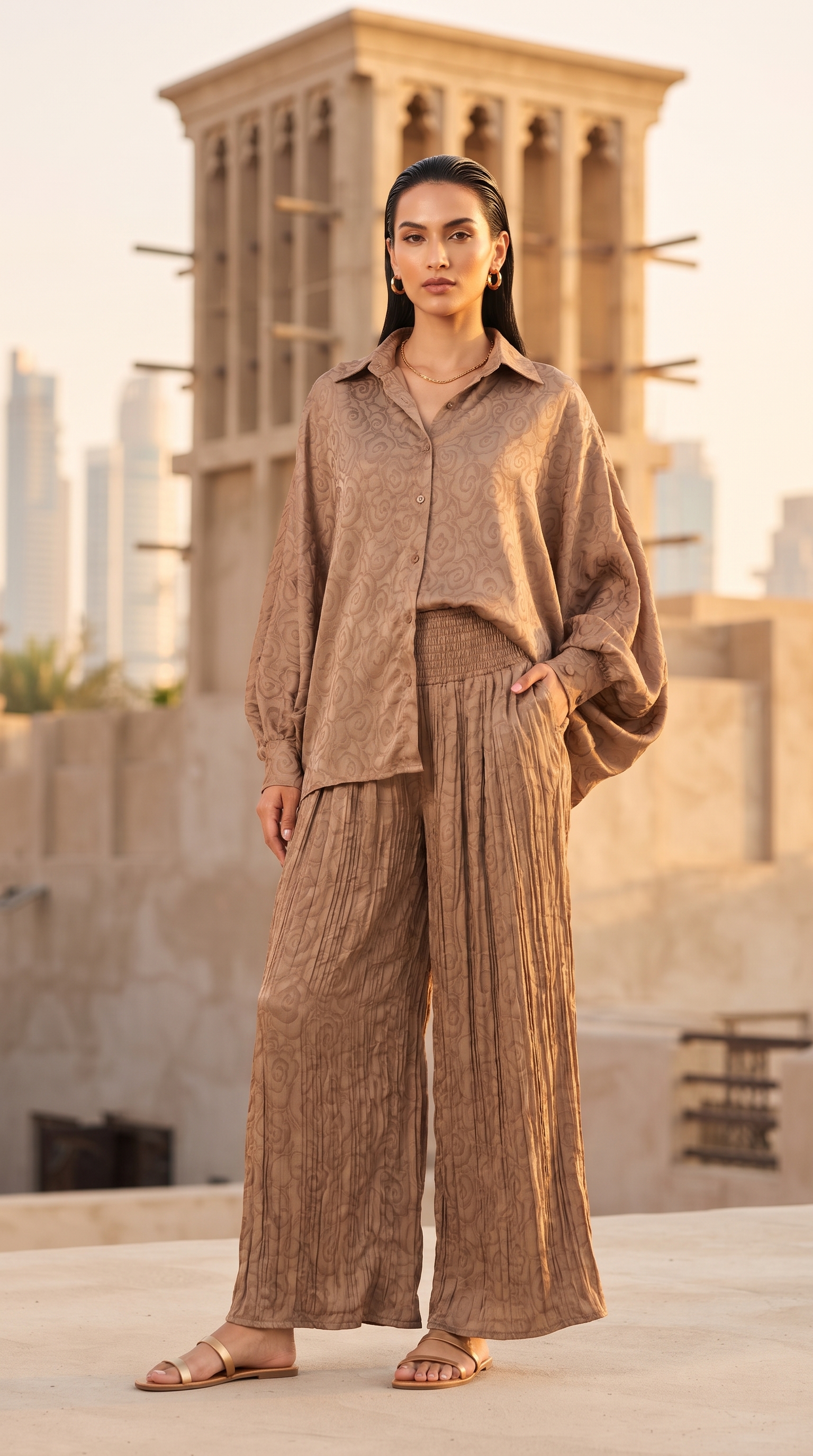 Mocha Paisley Jacquard Silk Top & Pleated Pants Set – Image 1