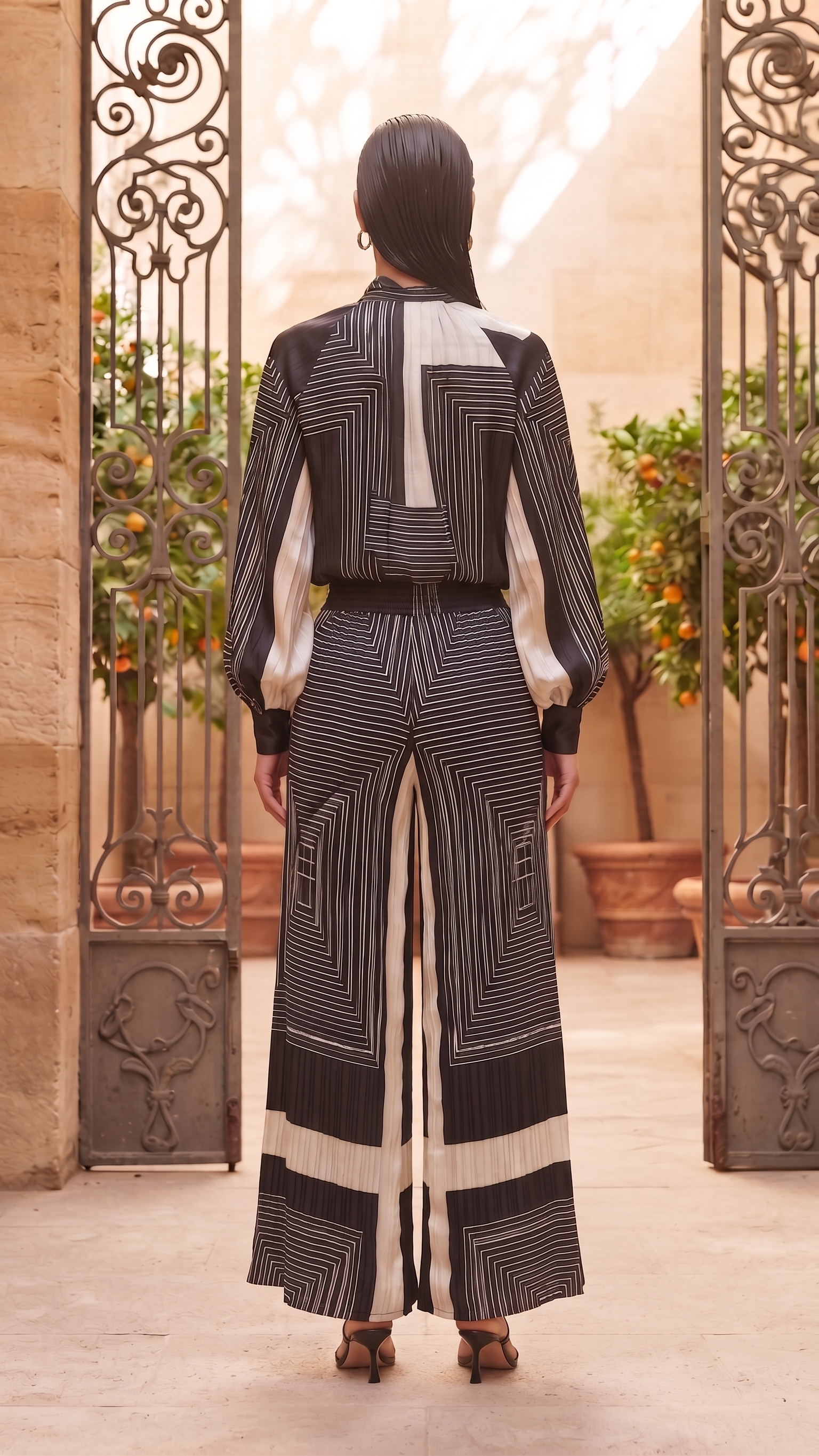 Black & Ivory Geometric Bow-Tie Silk Top & Pleated Pants Set – Image 2
