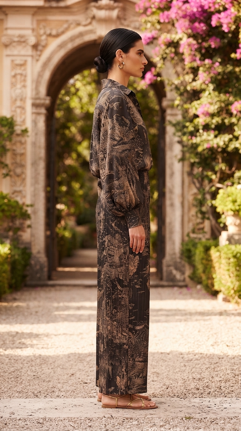 Black Safari Print Silk Top & Pleated Pants Set – Image 3