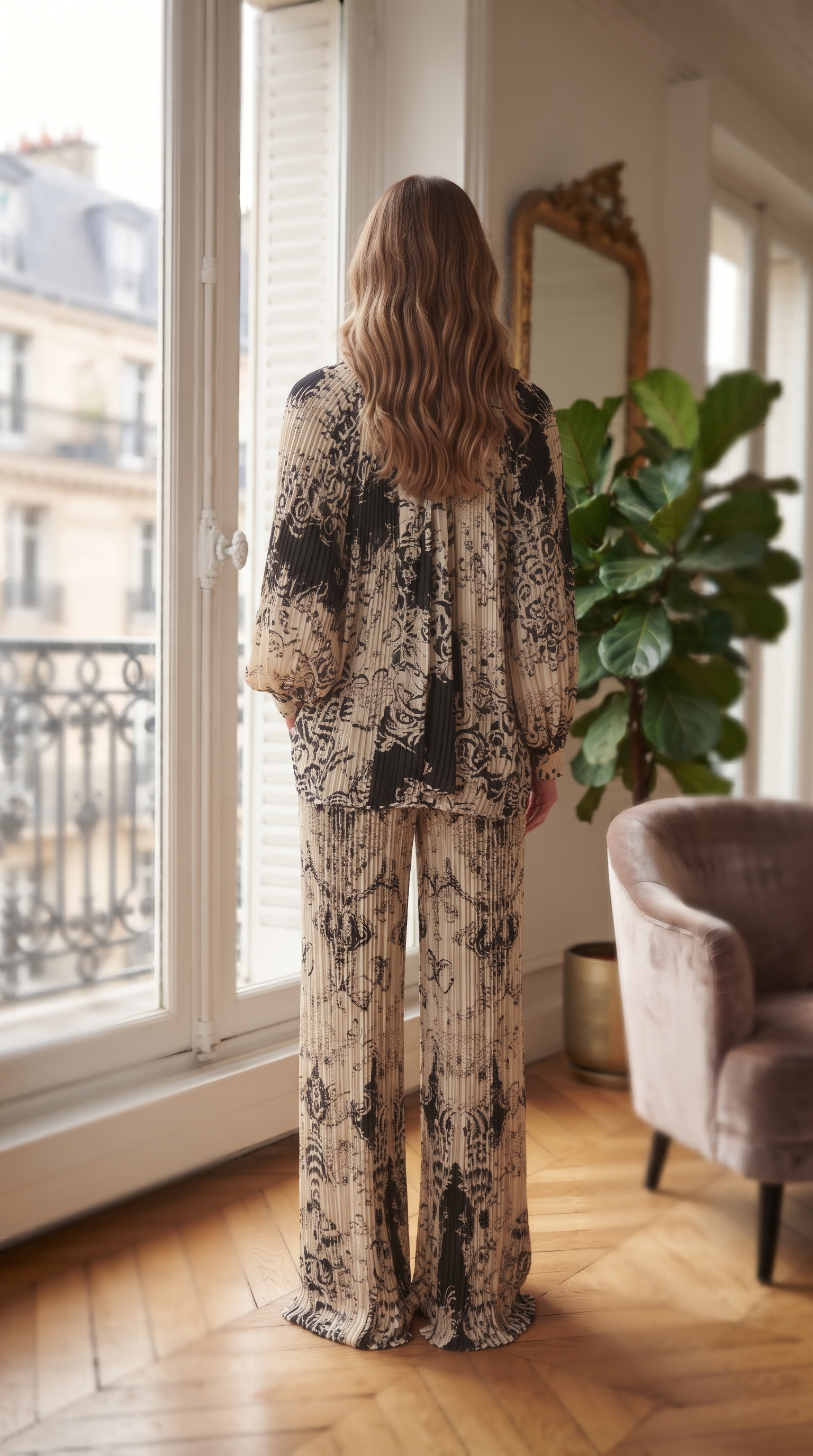 Black & Ivory Leopard Baroque Bow-Tie Silk Top & Pleated Pants Set – Image 2
