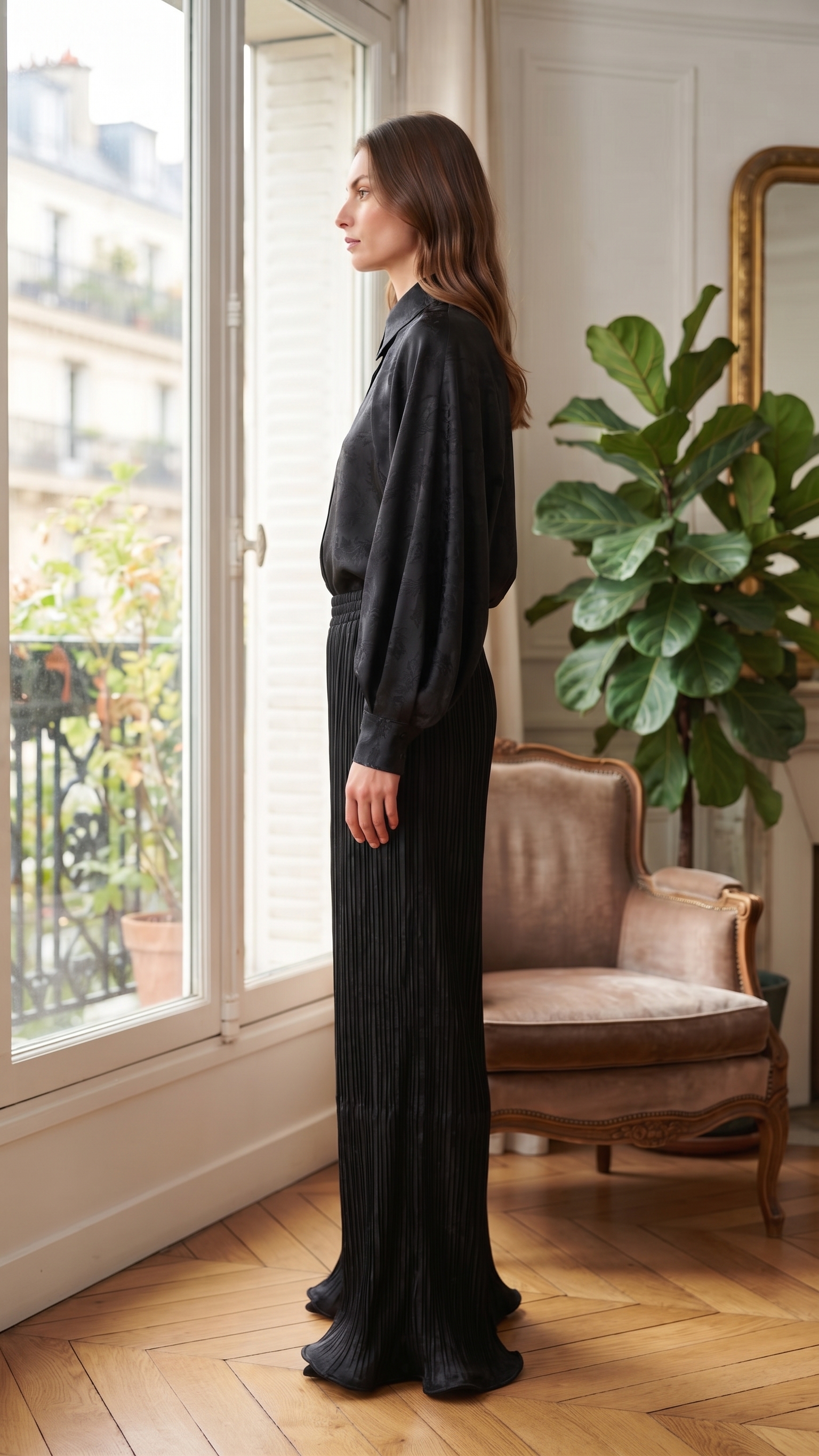 Black Jacquard Silk Top & Pleated Pants Set – Image 3
