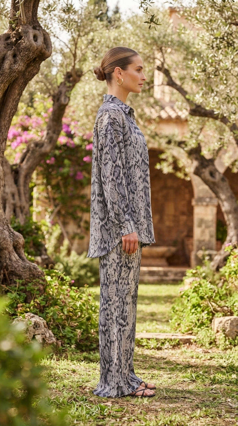 Black & Ivory Snake Print Silk Three-Piece Set – Image 2