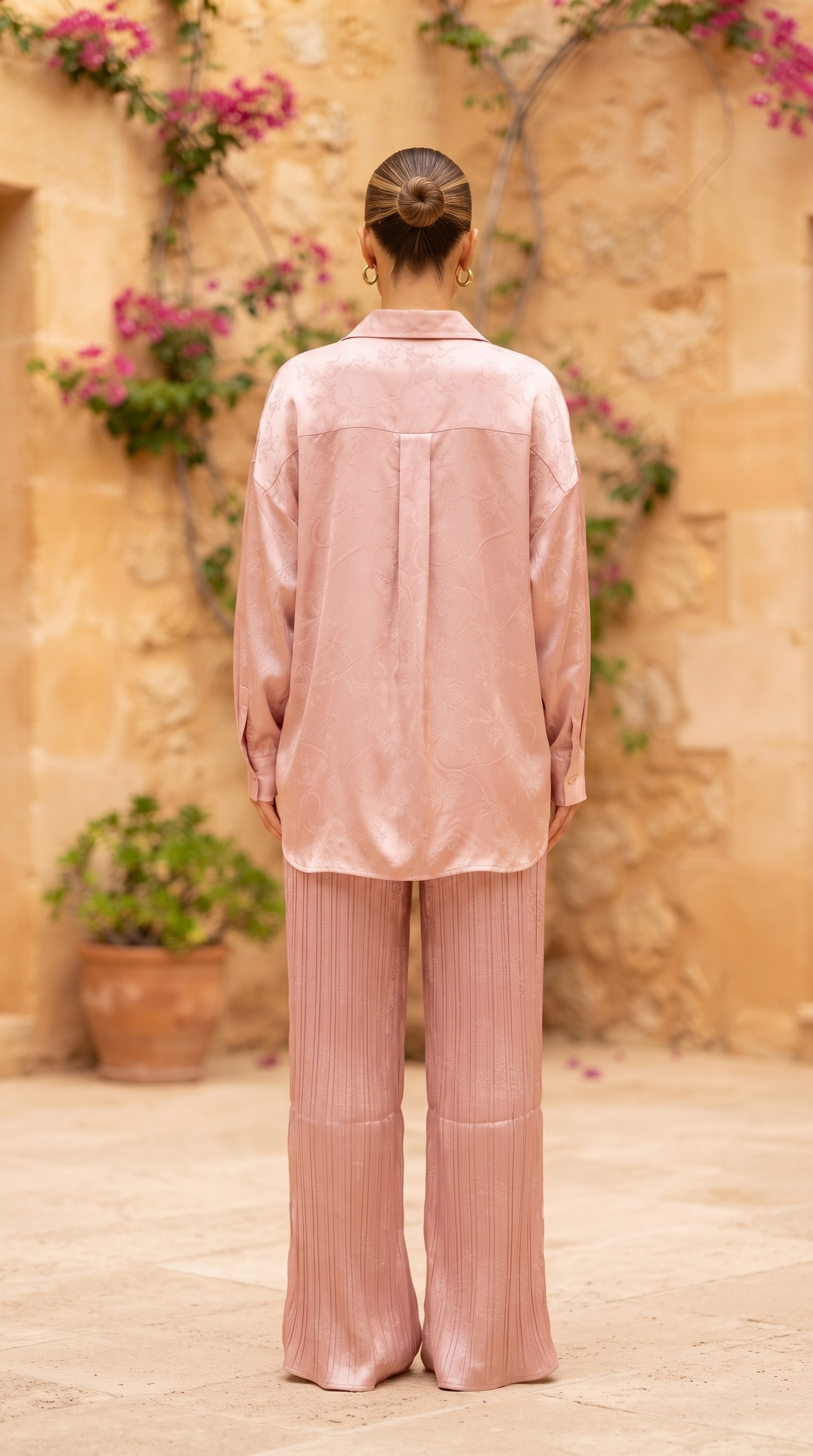 Blush Pink Jacquard Silk Top & Pleated Pants – Image 2