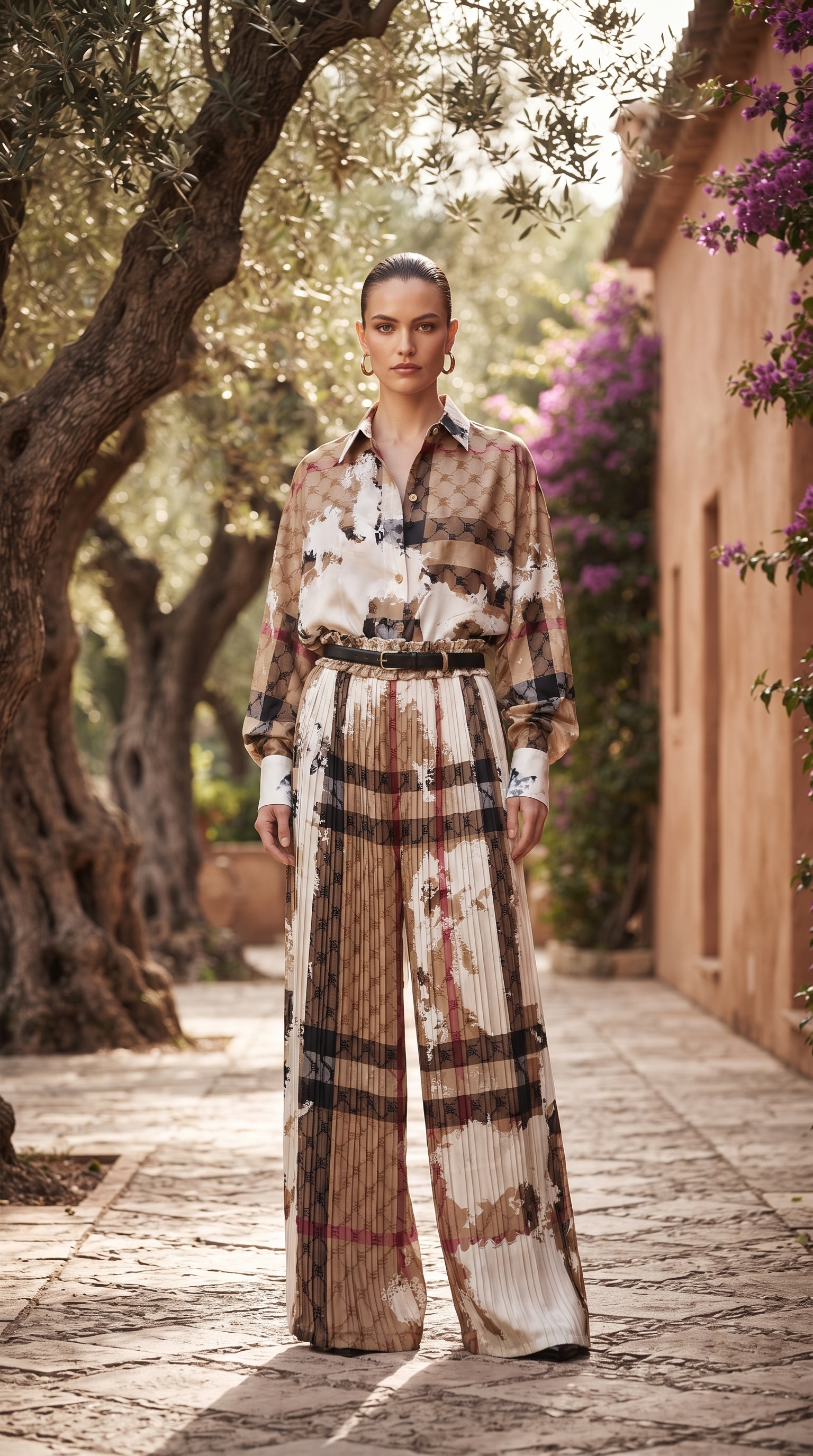Beige Abstract Check Silk Top & Pleated Pants Set – Image 1