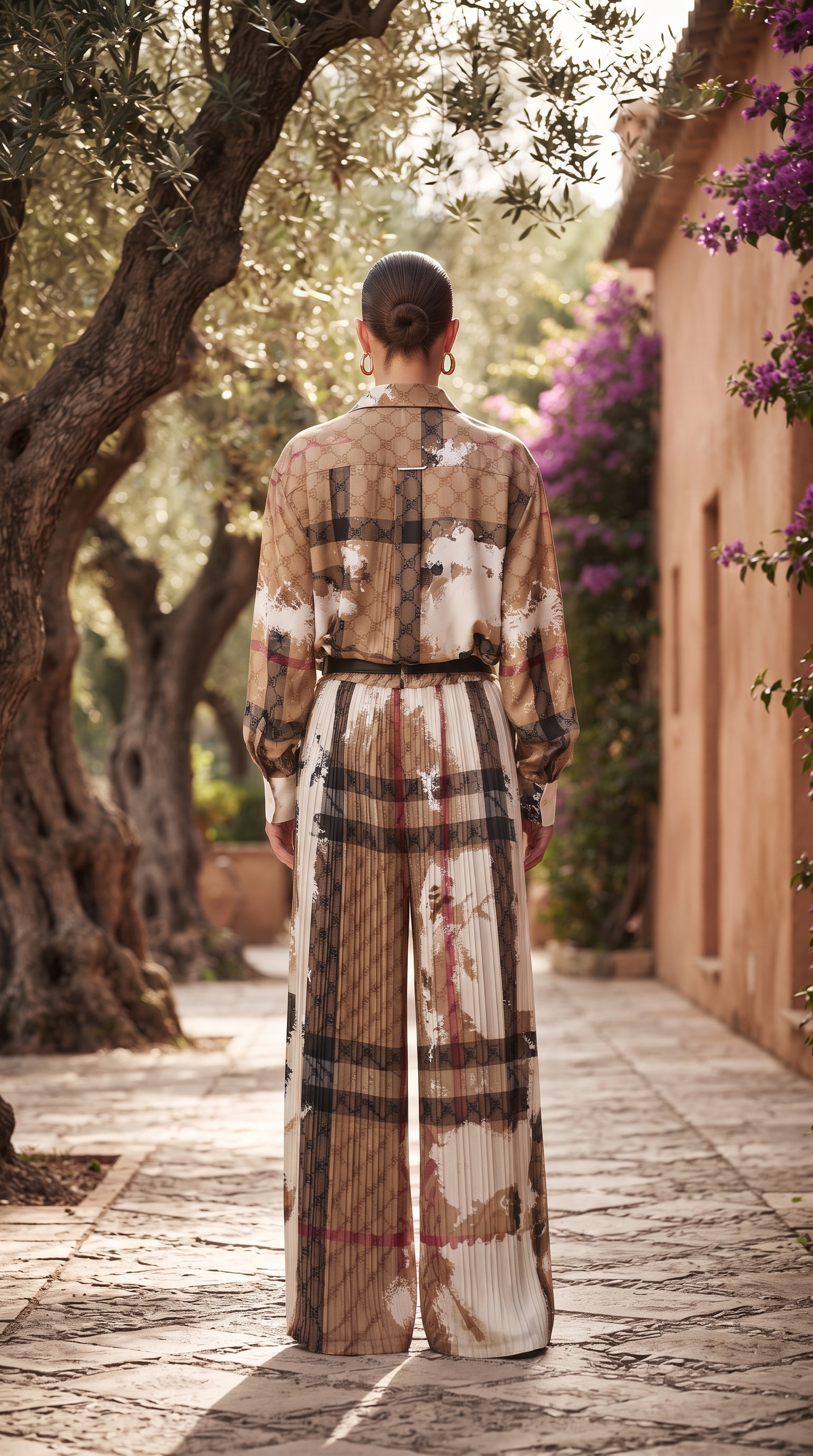 Beige Abstract Check Silk Top & Pleated Pants Set – Image 2