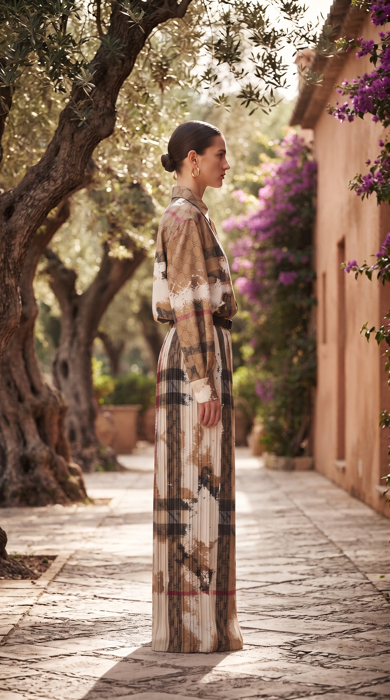 Beige Abstract Check Silk Top & Pleated Pants Set – Image 5