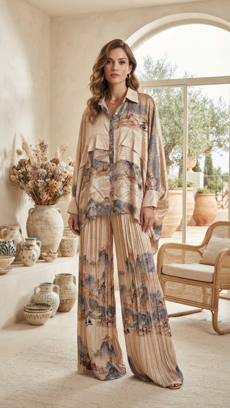 Beige Abstract Brush Print Silk Top & Pleated Pants Set – Image 1