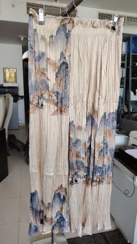 Beige Abstract Brush Print Silk Top & Pleated Pants Set – Image 3