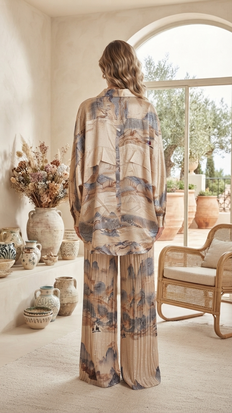 Beige Abstract Brush Print Silk Top & Pleated Pants Set – Image 2