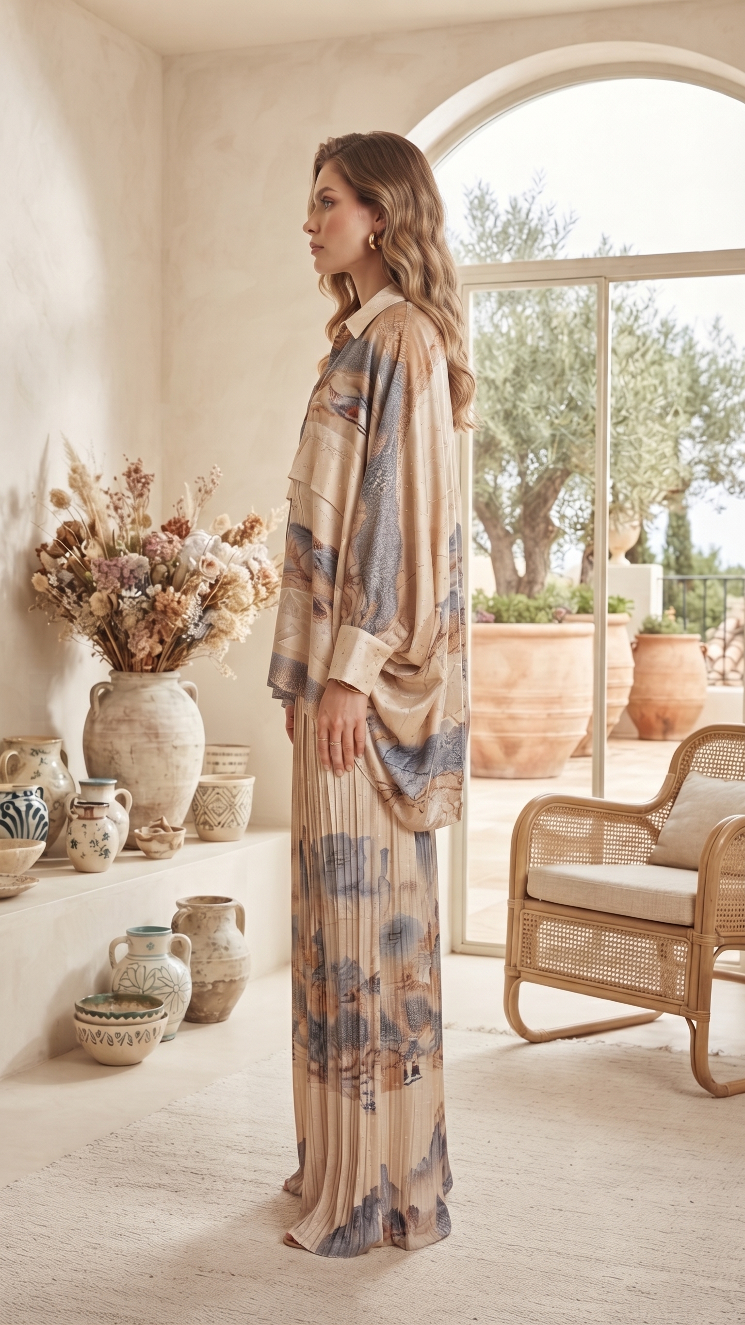 Beige Abstract Brush Print Silk Top & Pleated Pants Set – Image 5