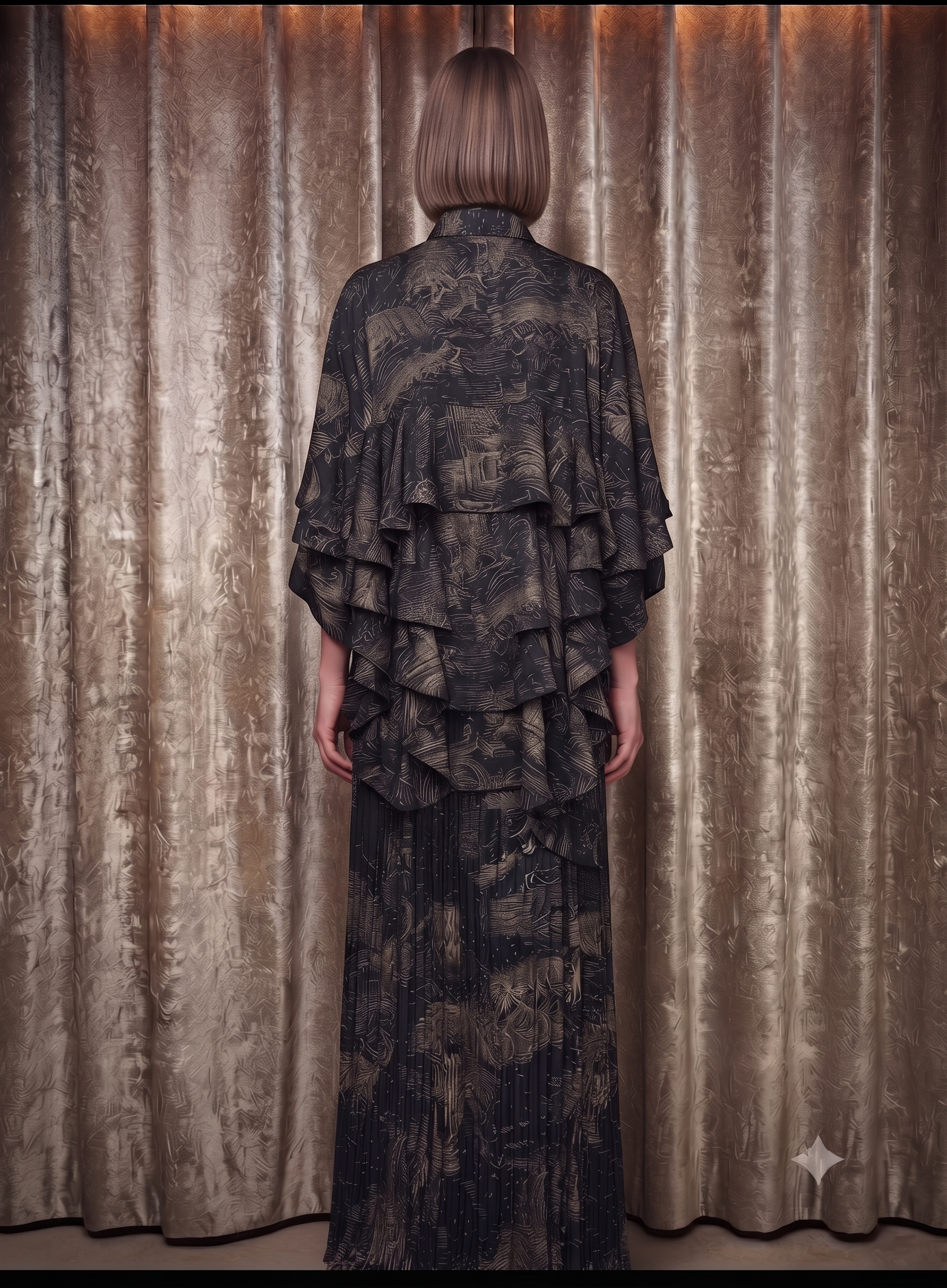 Black Abstract Jacquard Layered Silk Top & Pleated Pants Set – Image 2