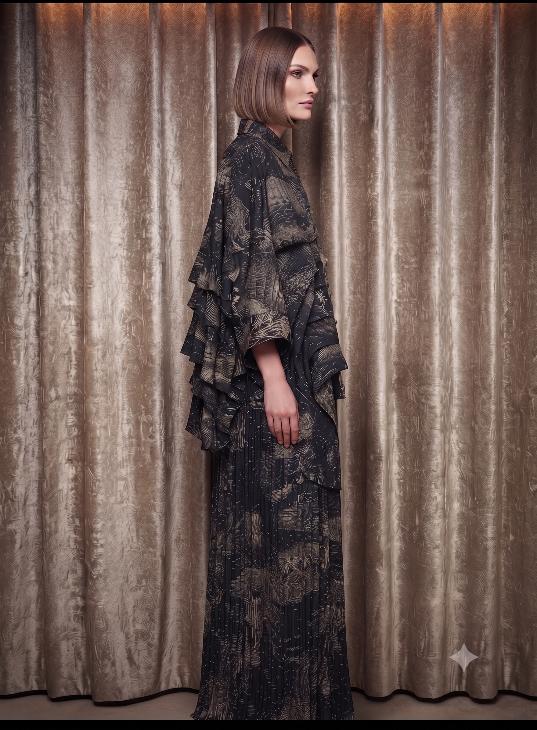 Black Abstract Jacquard Layered Silk Top & Pleated Pants Set – Image 5