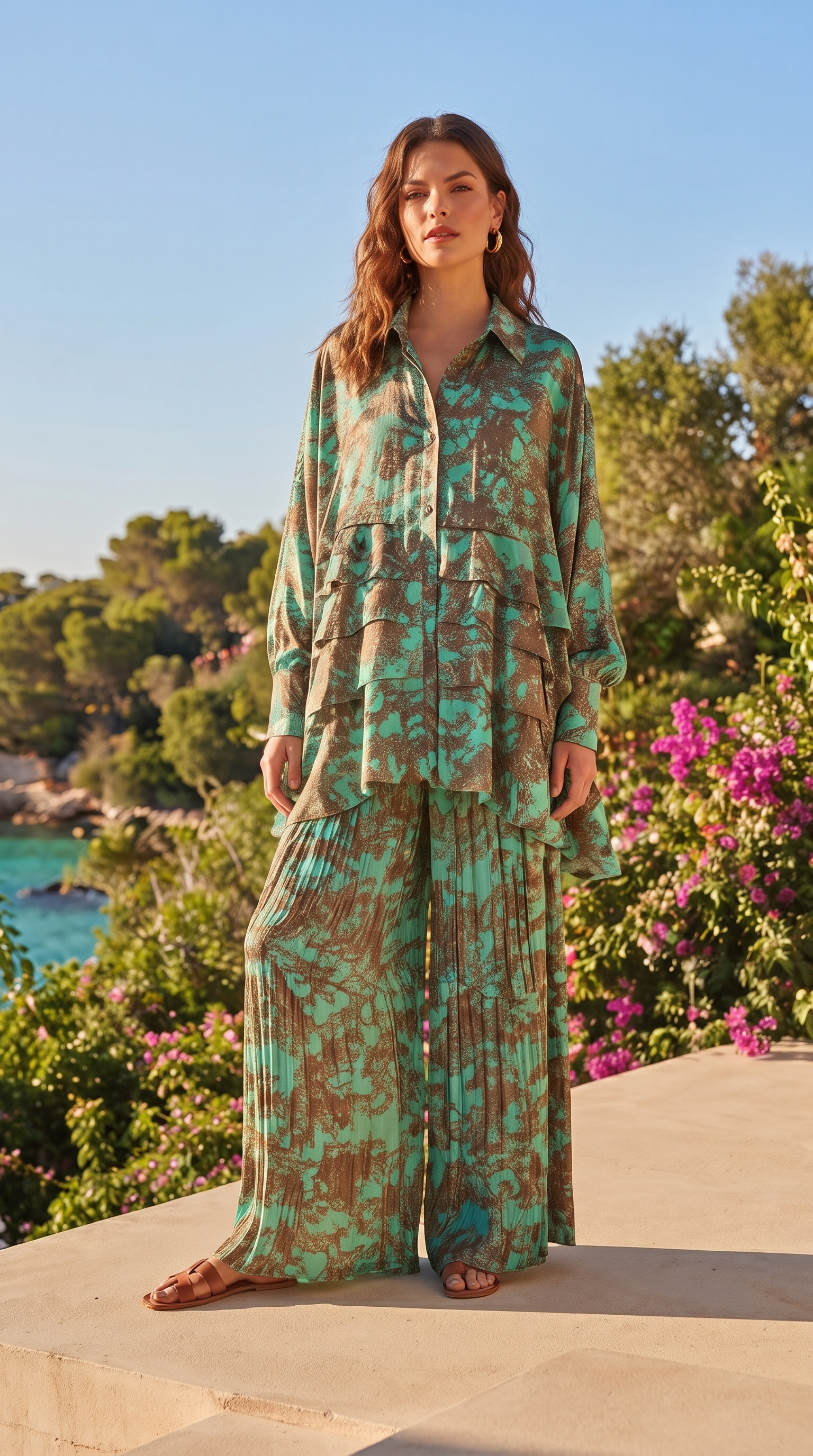 Emerald Abstract Layered Top & Pleated Pants Set – Image 1