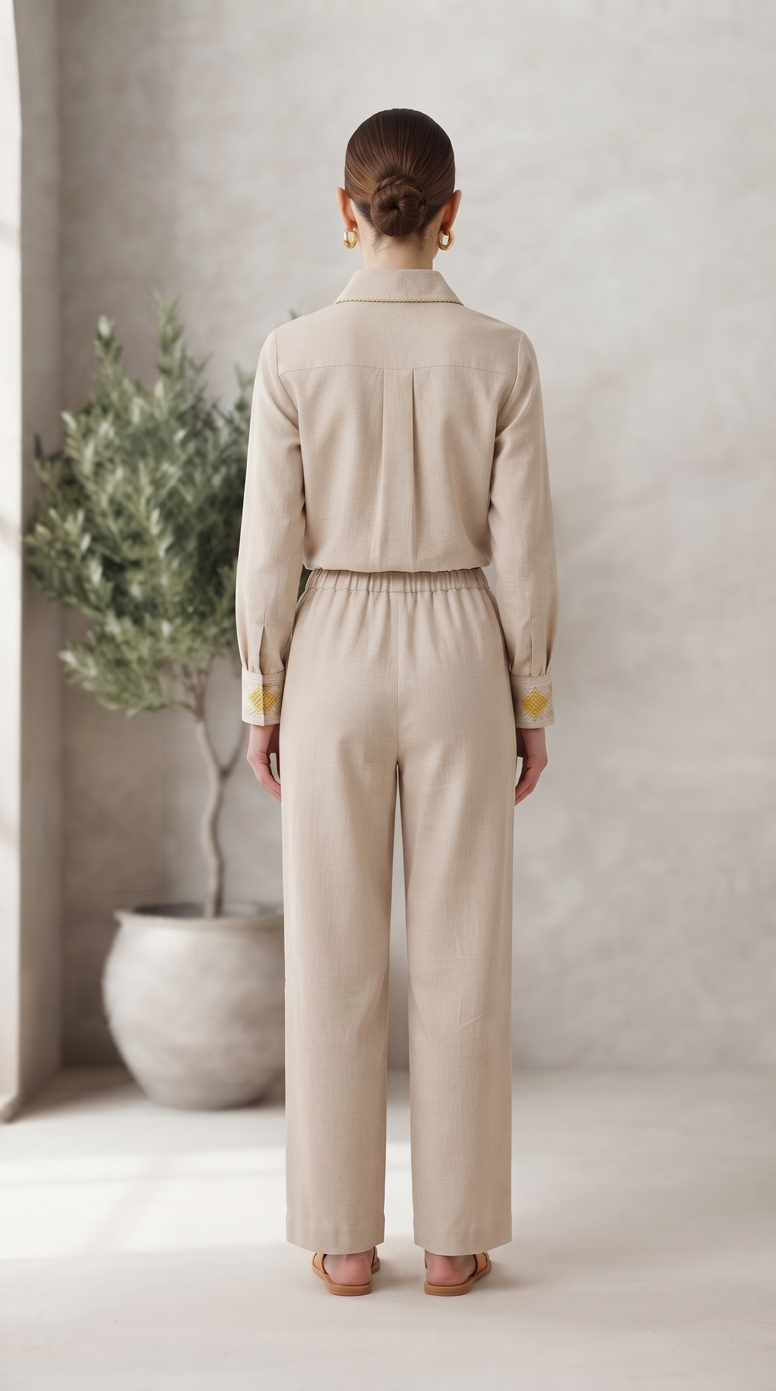 Champagne Embroidered Collar Top & Wide-Leg Pants Set – Image 2