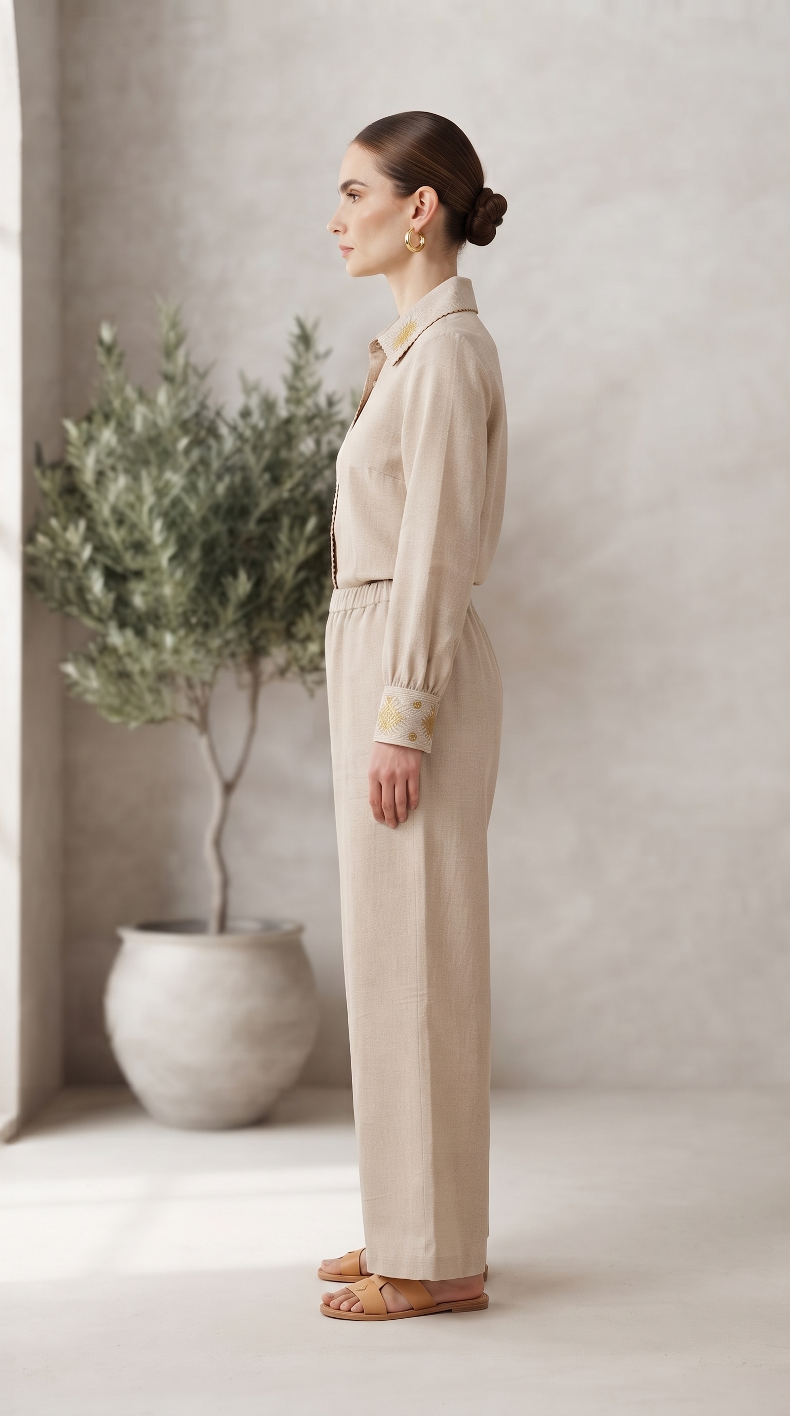 Champagne Embroidered Collar Top & Wide-Leg Pants Set – Image 5