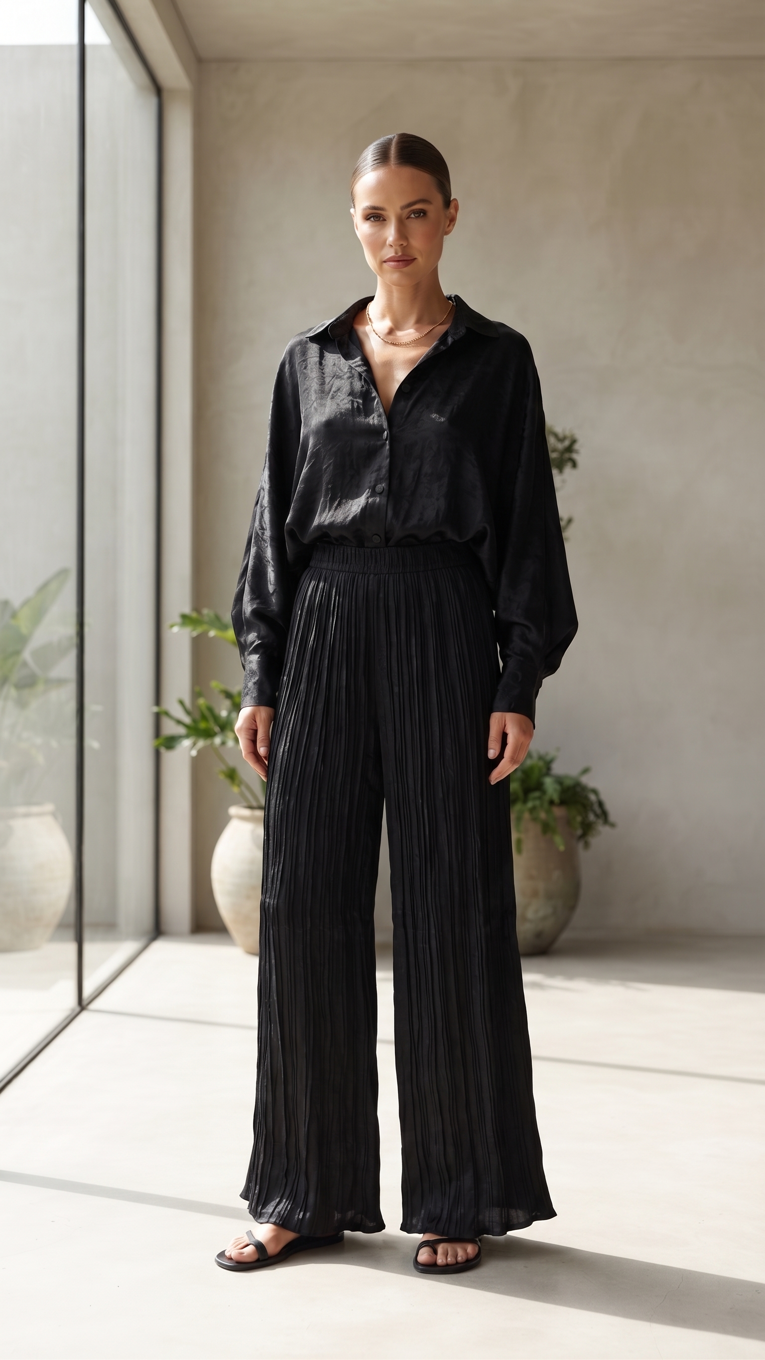 Black Satin Pleated Top & Wide-Leg Pants Set – Image 1