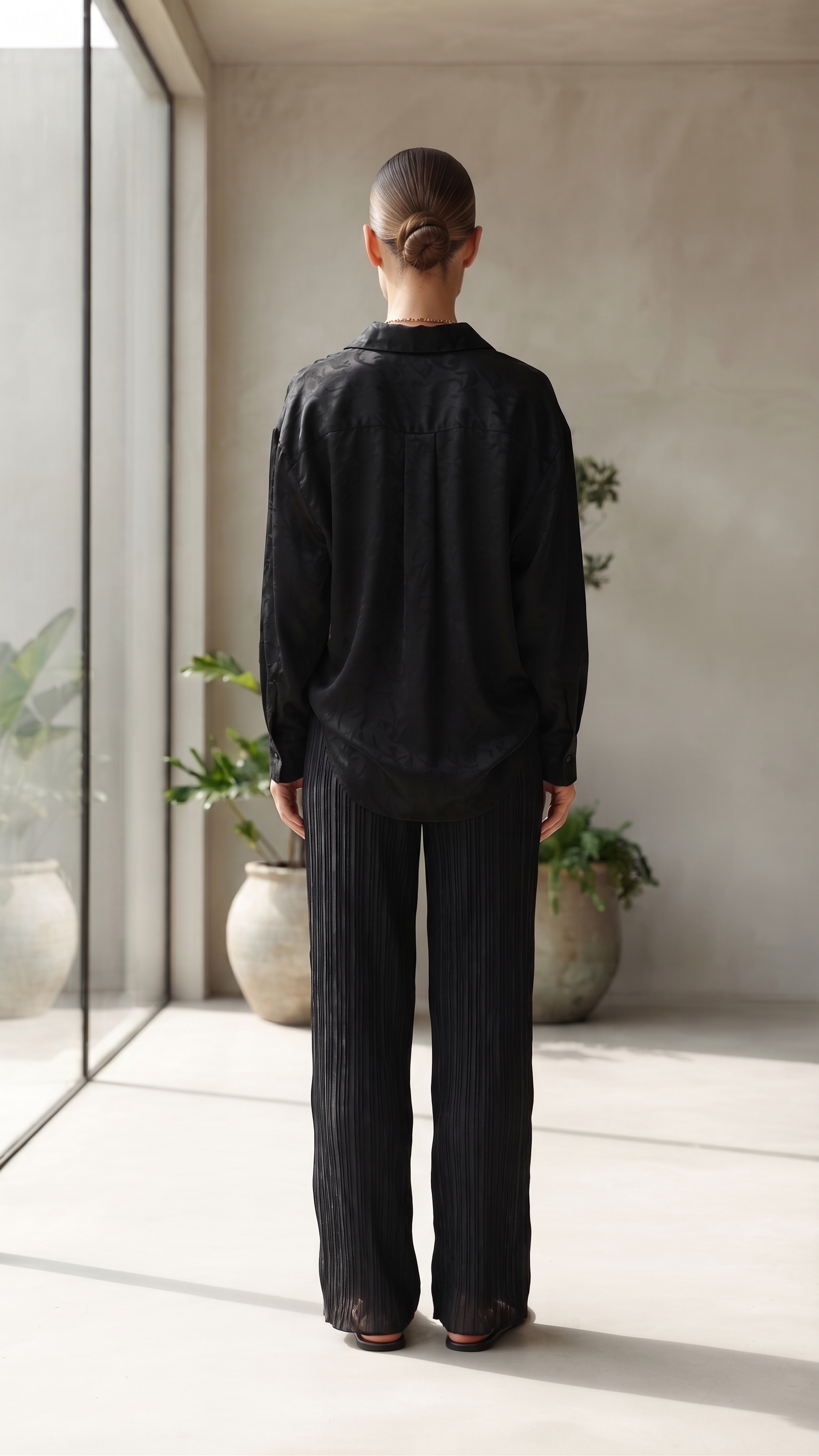 Black Satin Pleated Top & Wide-Leg Pants Set – Image 2