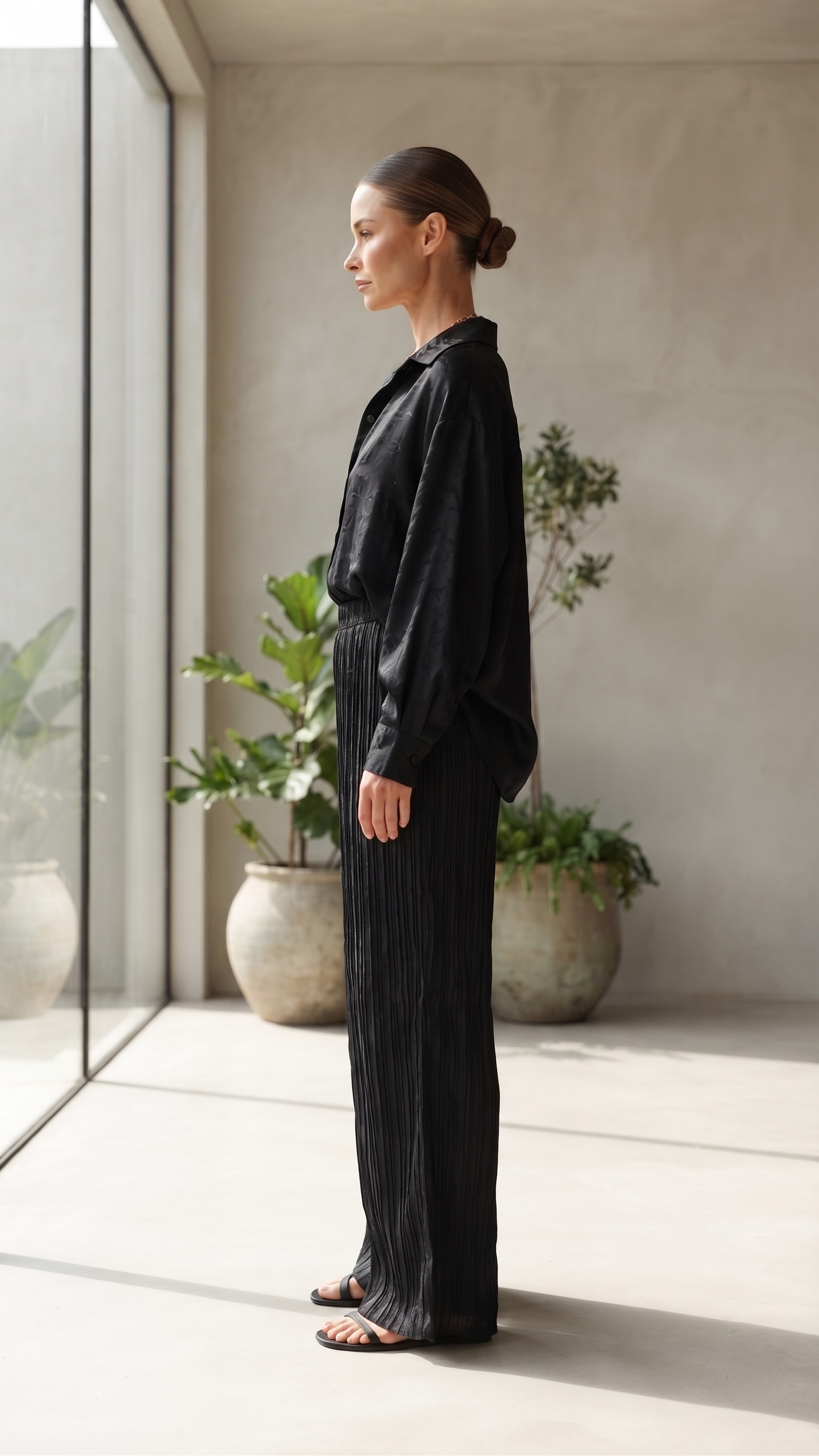 Black Satin Pleated Top & Wide-Leg Pants Set – Image 3