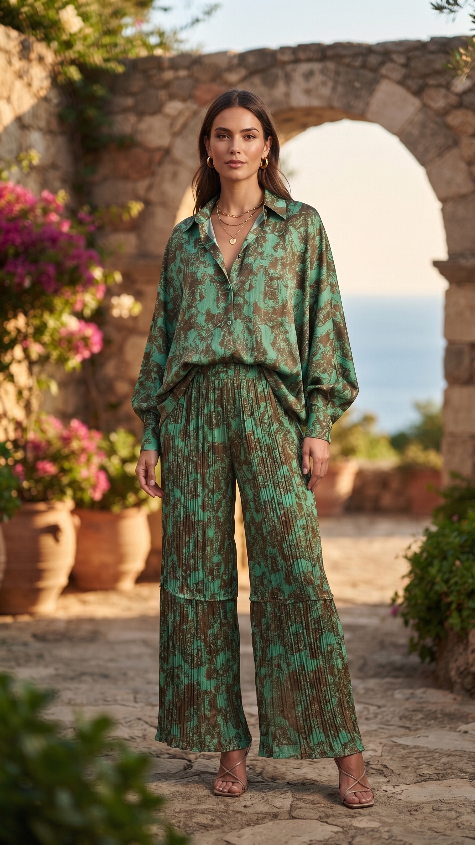 Emerald Abstract Print Pleated Top & Pants Set – Image 1