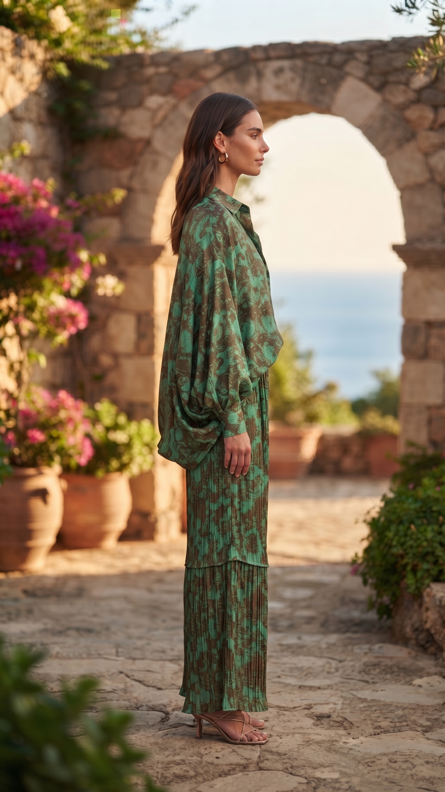 Emerald Abstract Print Pleated Top & Pants Set – Image 4