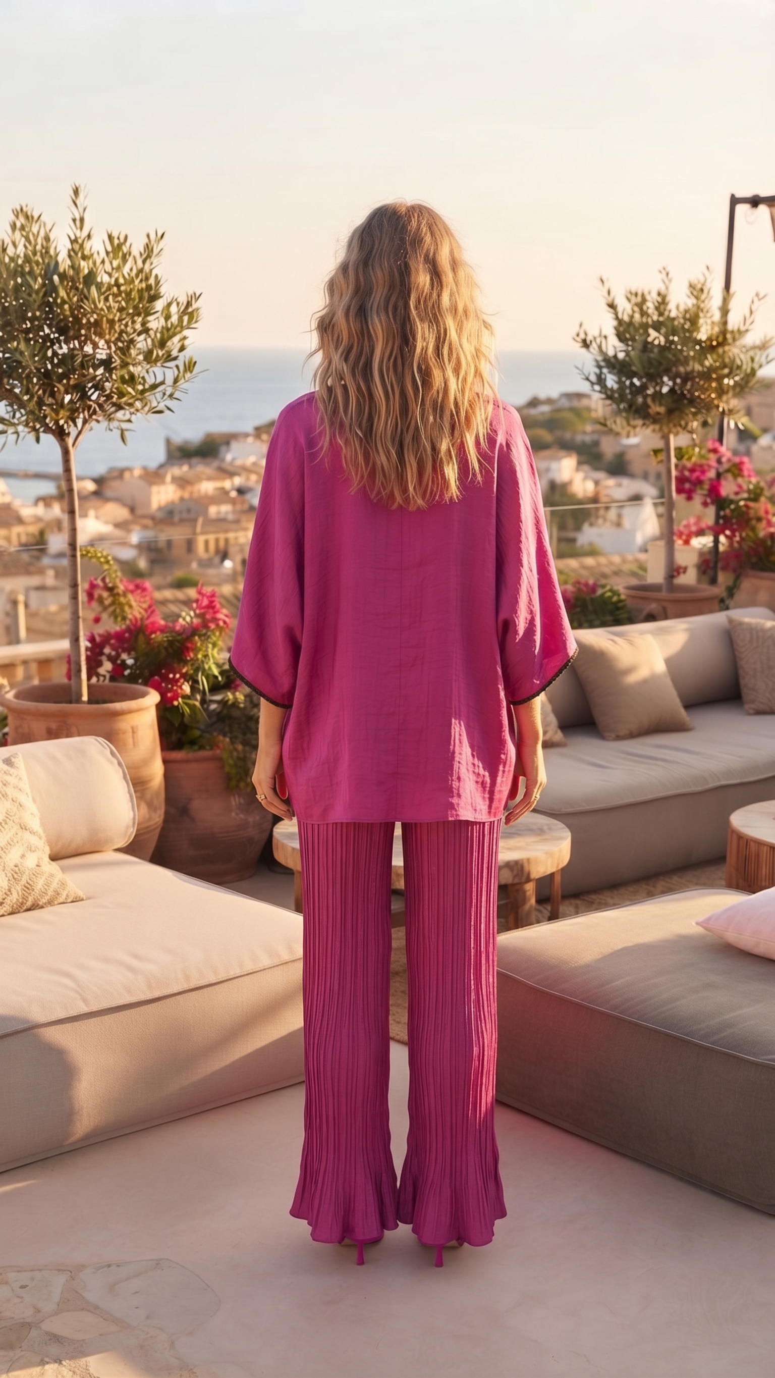 Fuchsia Embroidered Trim Kaftan & Pleated Pants Set – Image 3