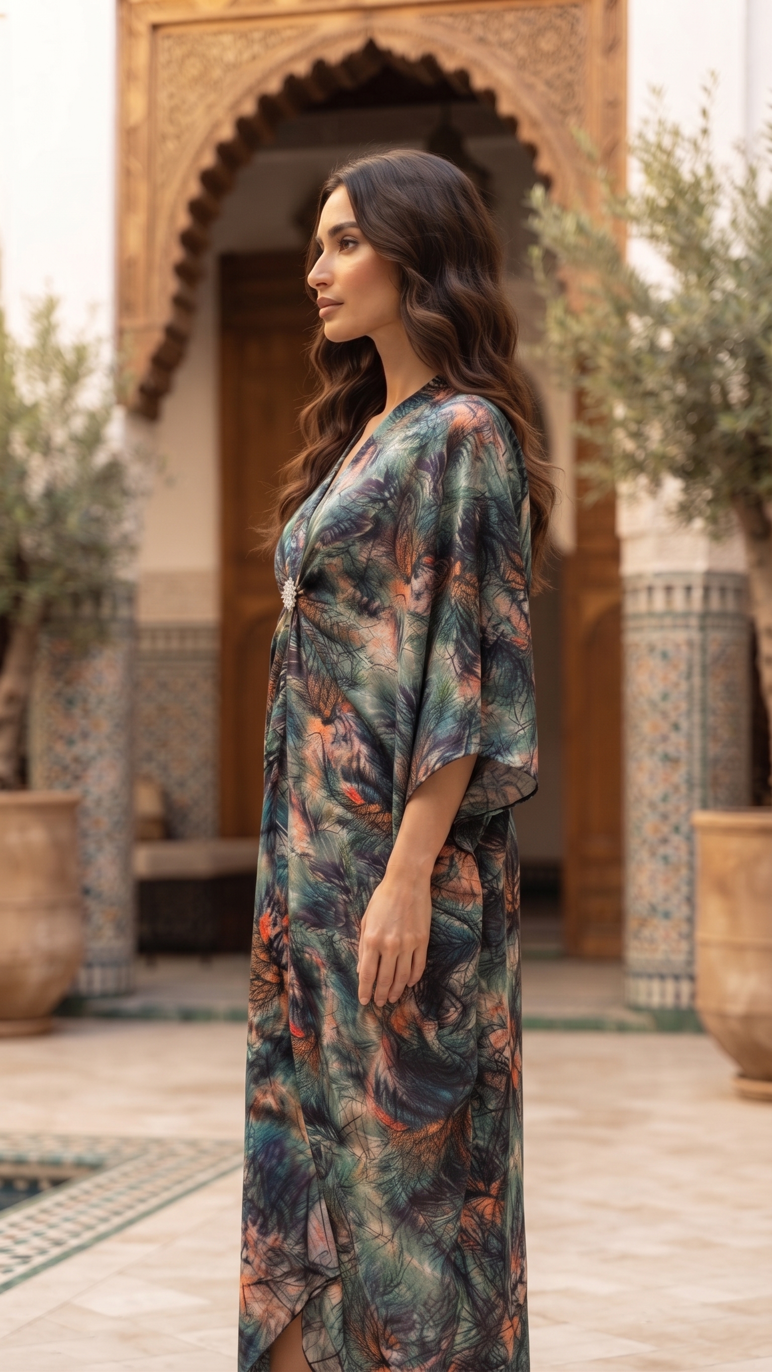 Teal Botanical Draped Kaftan – Image 3