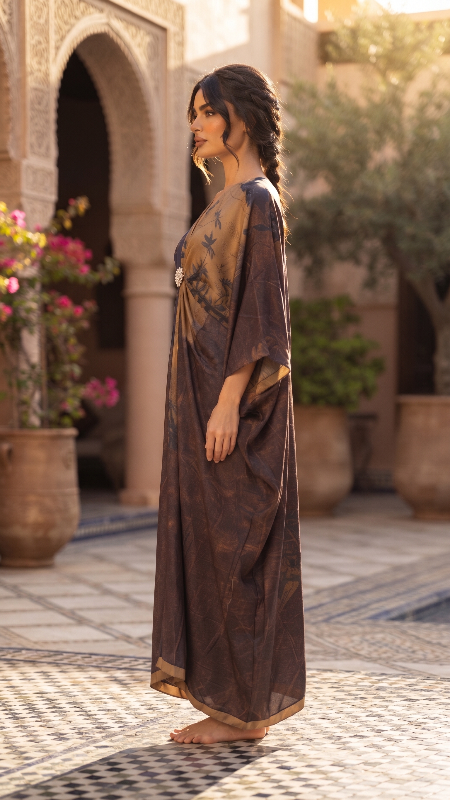 Mocha Botanical Embellished Draped Kaftan – Image 3