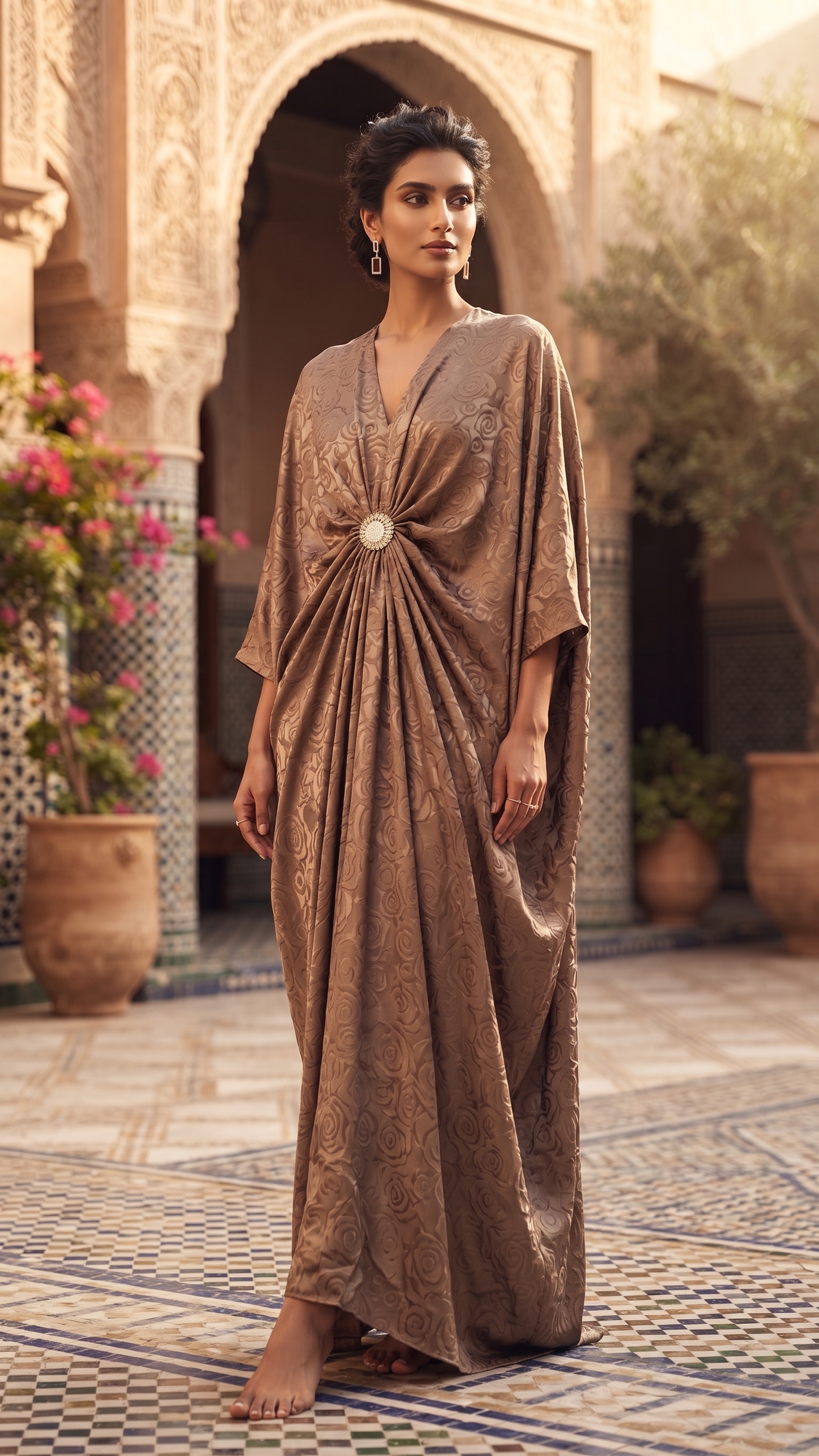 Mocha Rose-Pattern Draped Kaftan – Image 1