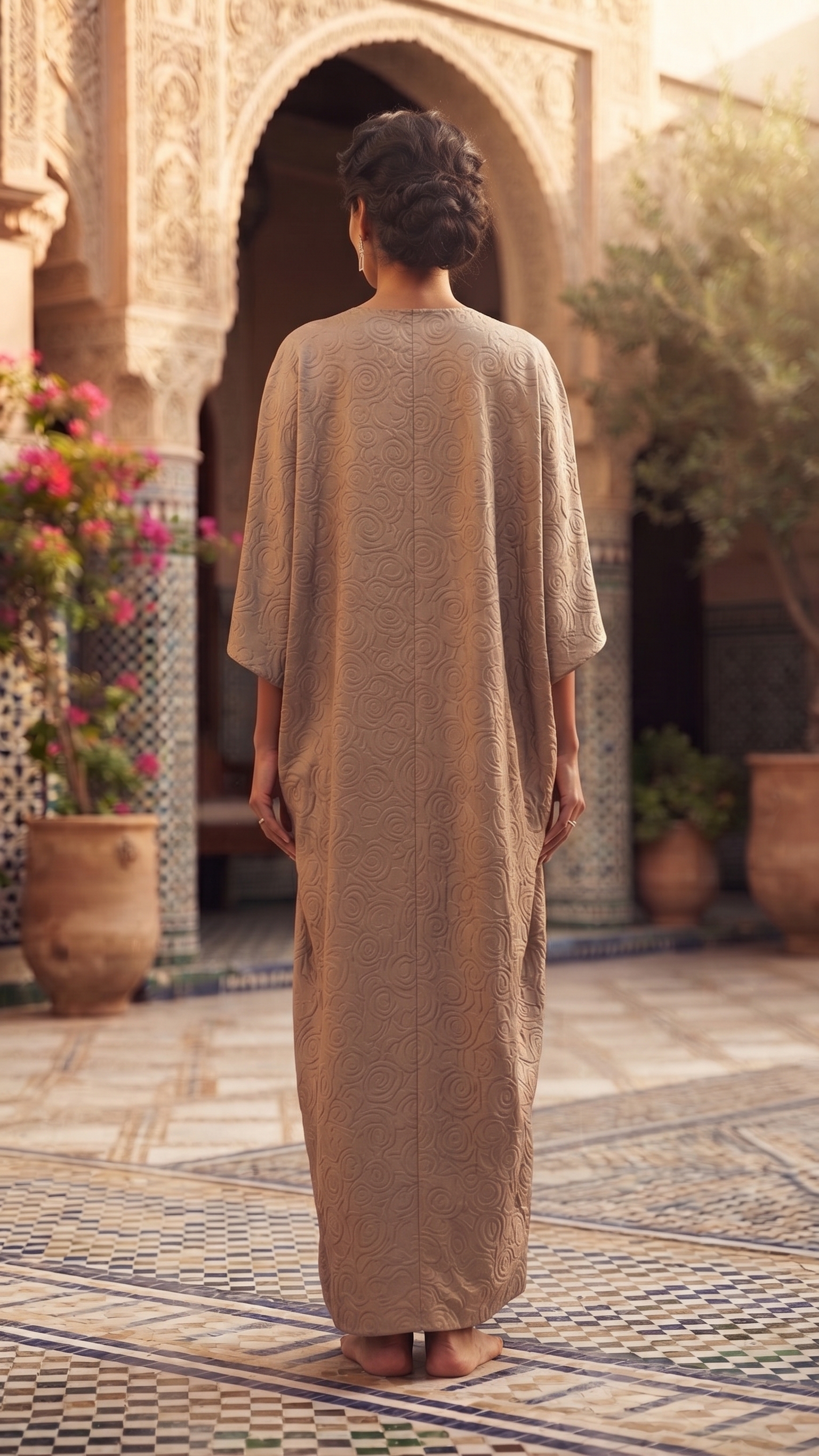 Mocha Rose-Pattern Draped Kaftan – Image 2