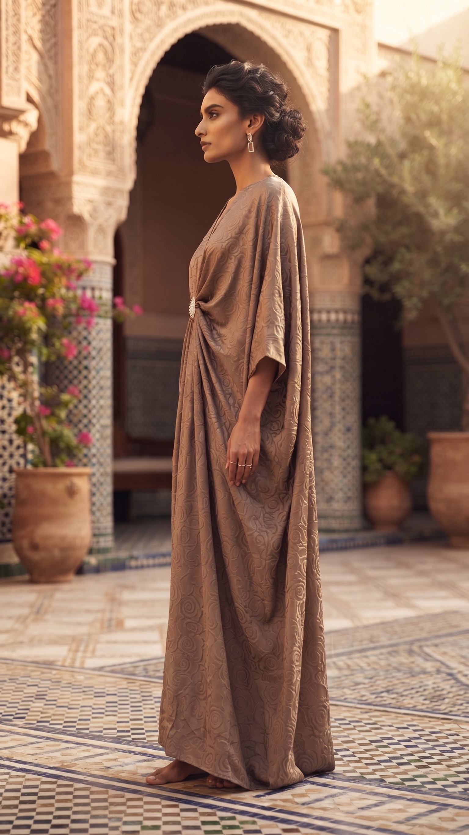 Mocha Rose-Pattern Draped Kaftan – Image 3