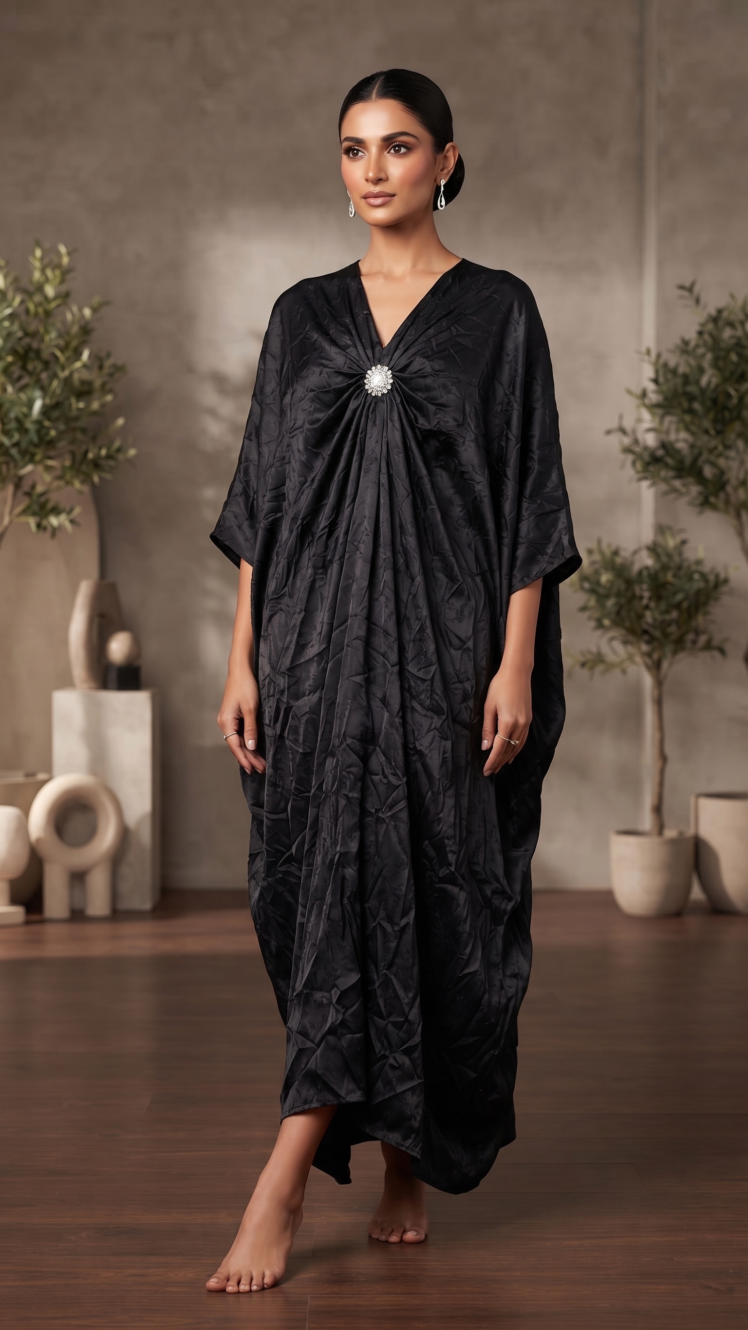 Black Textured Draped Kaftan – Image 1